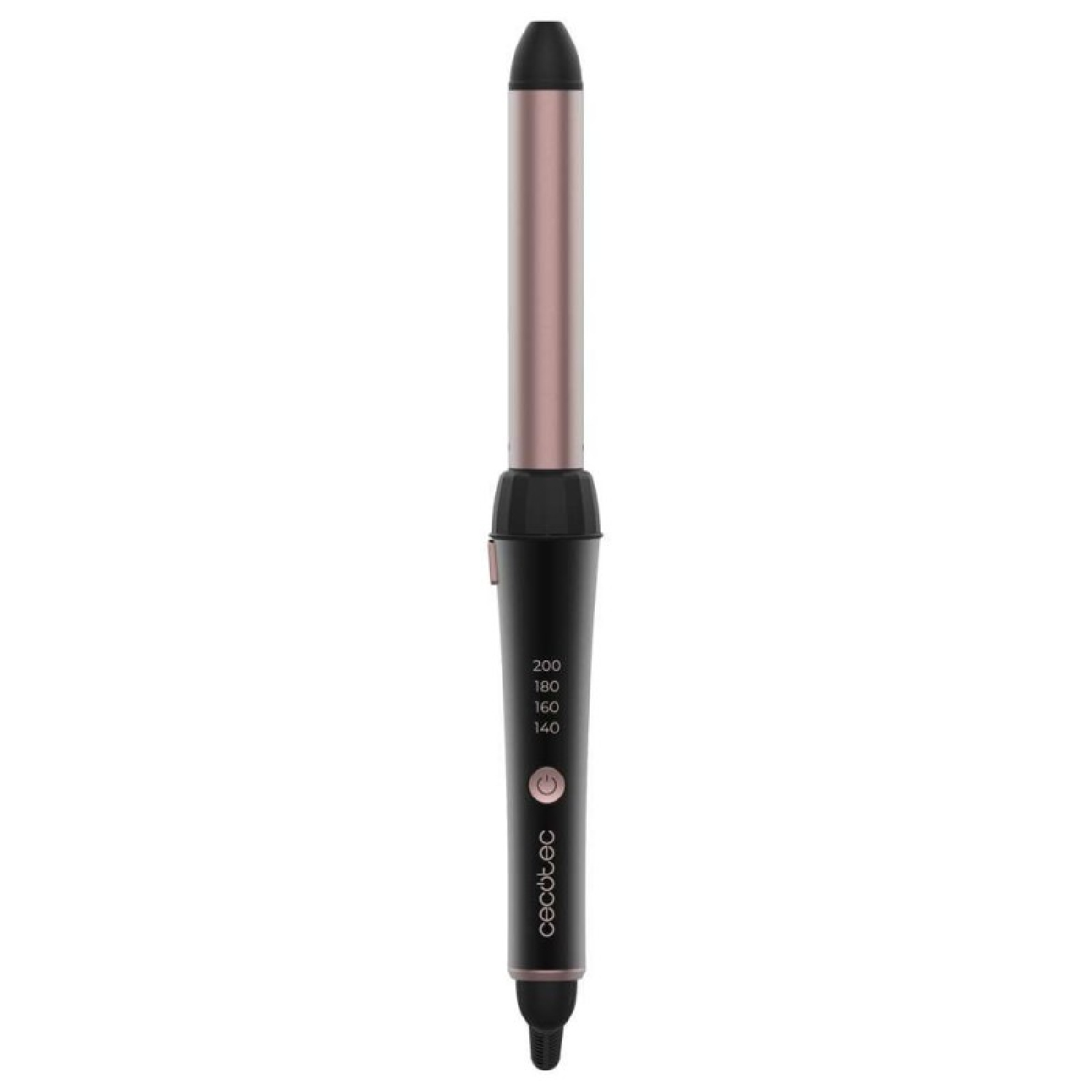 Un arricciacapelli color oro rosa con manico nero e display temperatura.