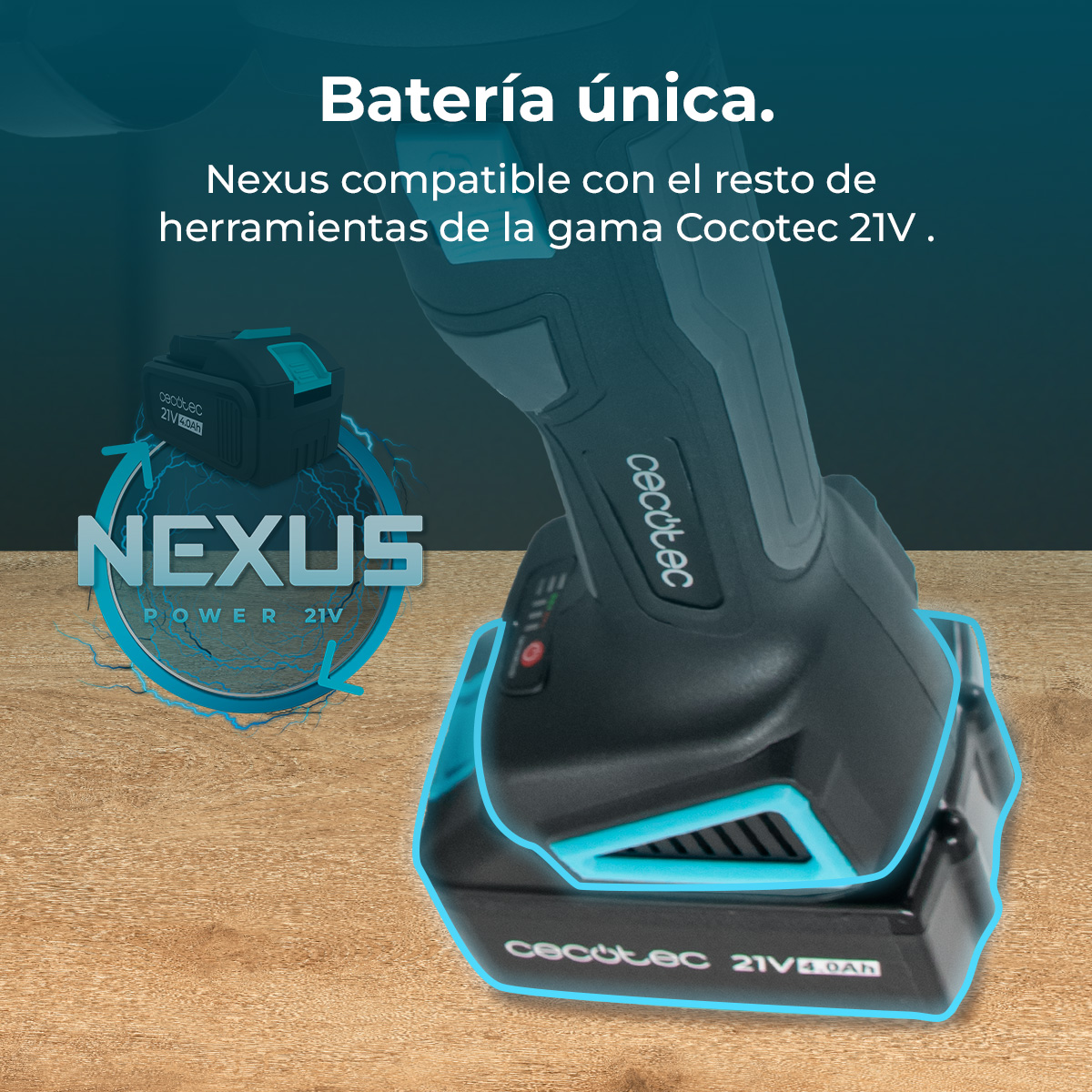 Una batería negra con detalles azules conectada a una herramienta.