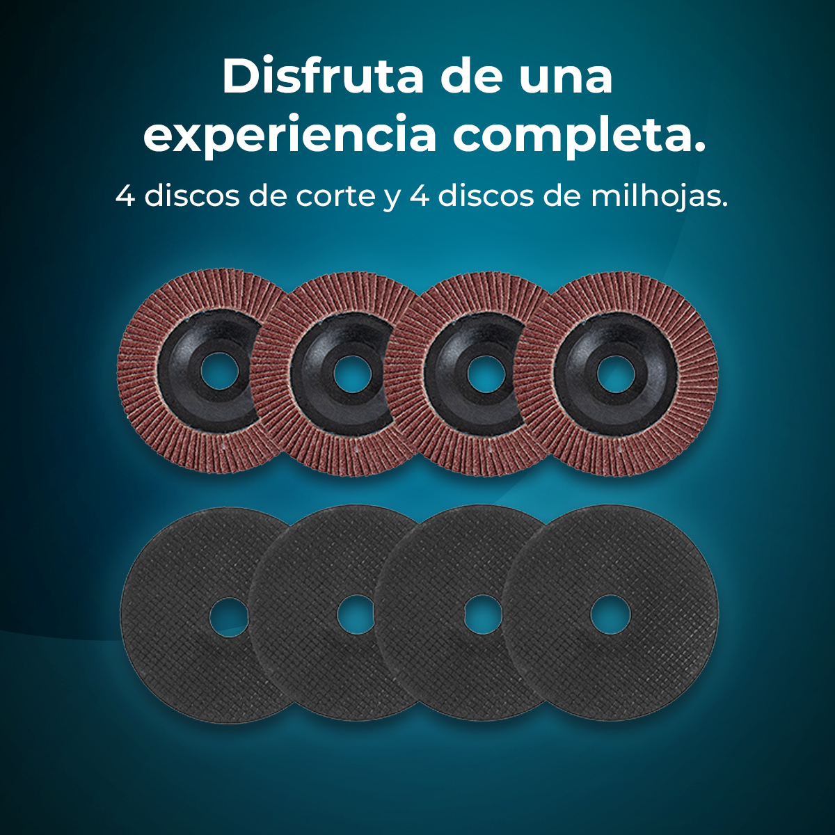 Cuatro discos de lamelas marrones sobre cuatro discos de corte negros.
