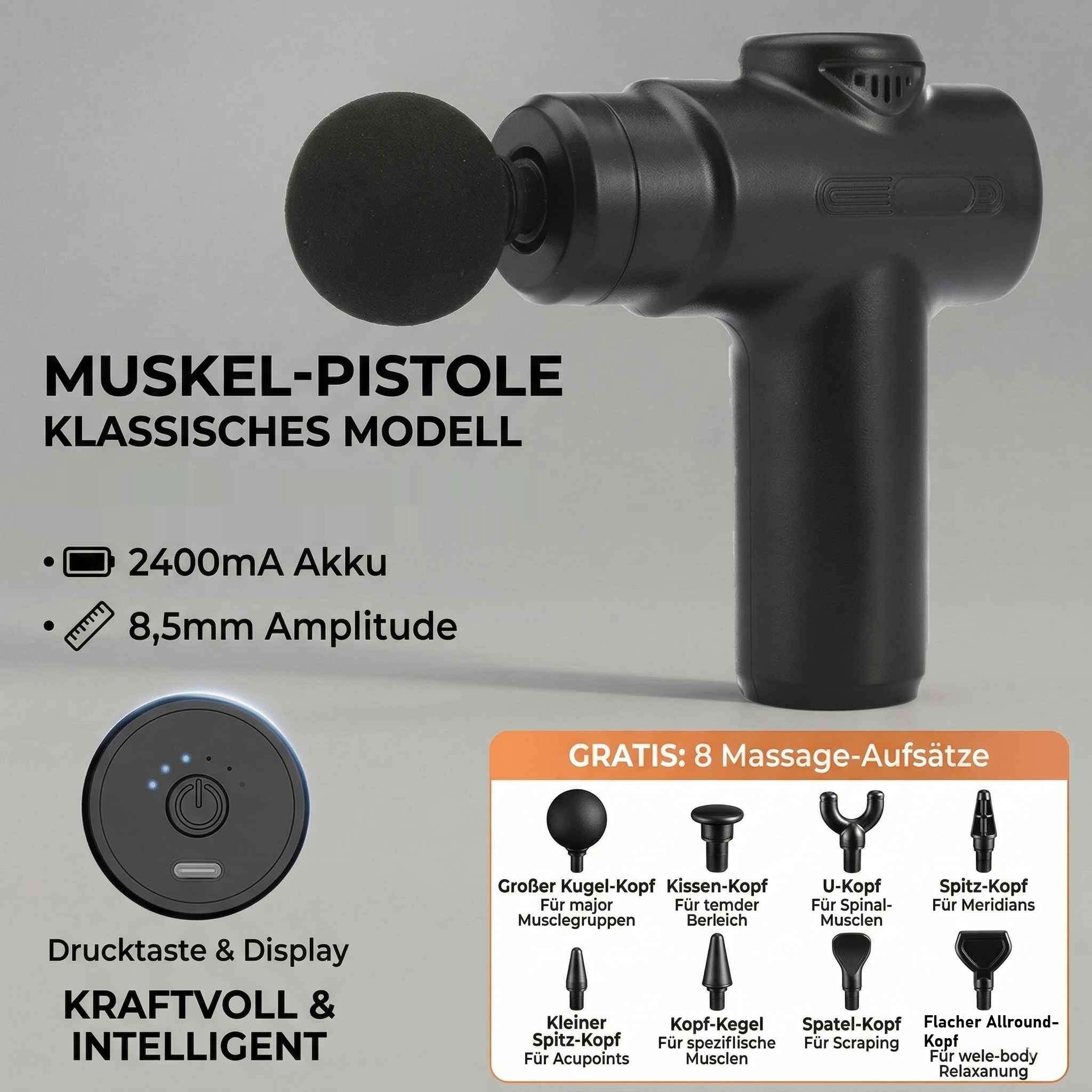 Schwarze Massagepistole mit 8 Aufsätzen, Akku-Info und Display.