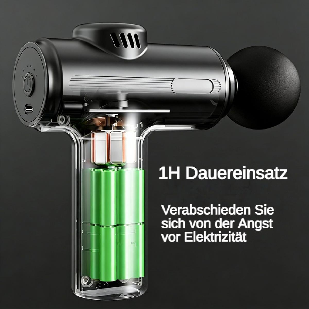 Massagegerät mit transparentem Gehäuse, das grüne Batterien und interne Teile zeigt.