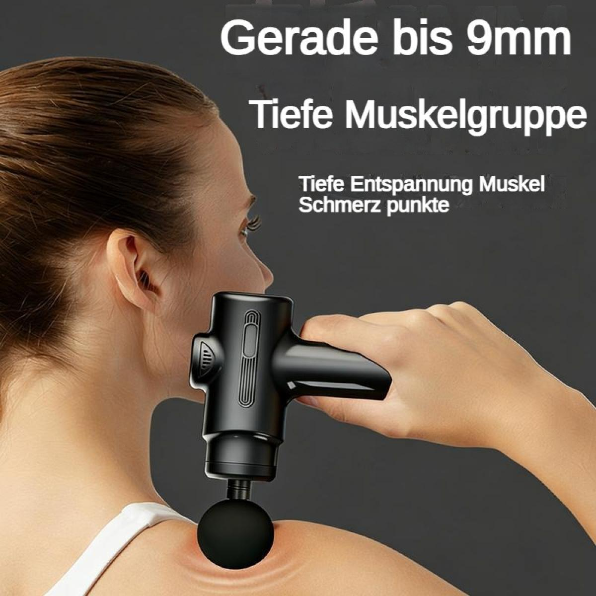 Eine Frau benutzt eine Massagepistole am Nacken. Tiefe Muskelgruppe.