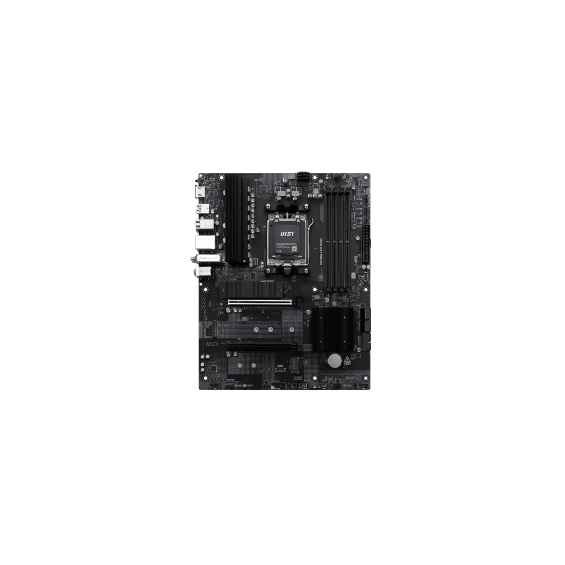 A black MSI motherboard with CPU socket, RAM slots, and heatsinks.