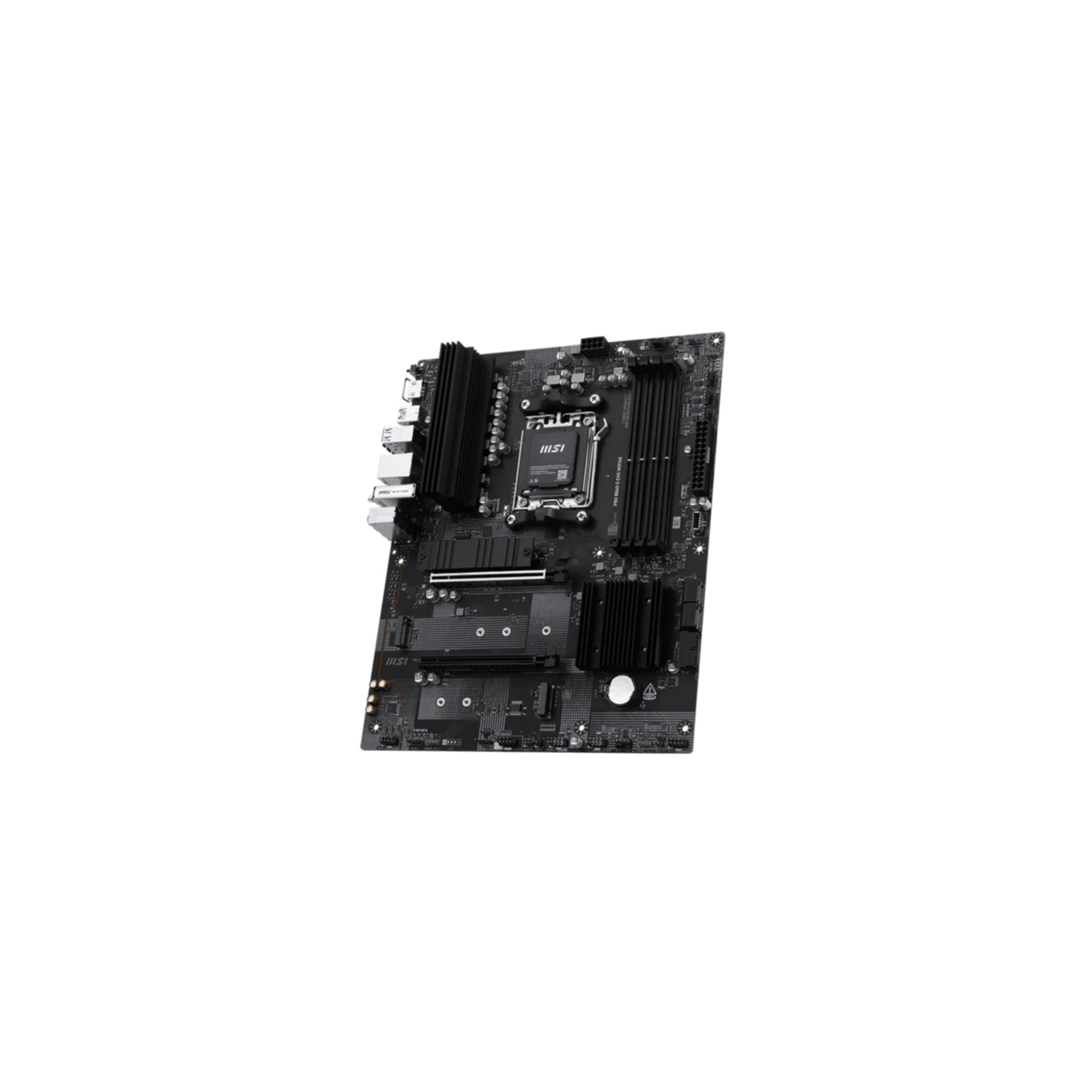 A black MSI motherboard with heatsinks and ports.