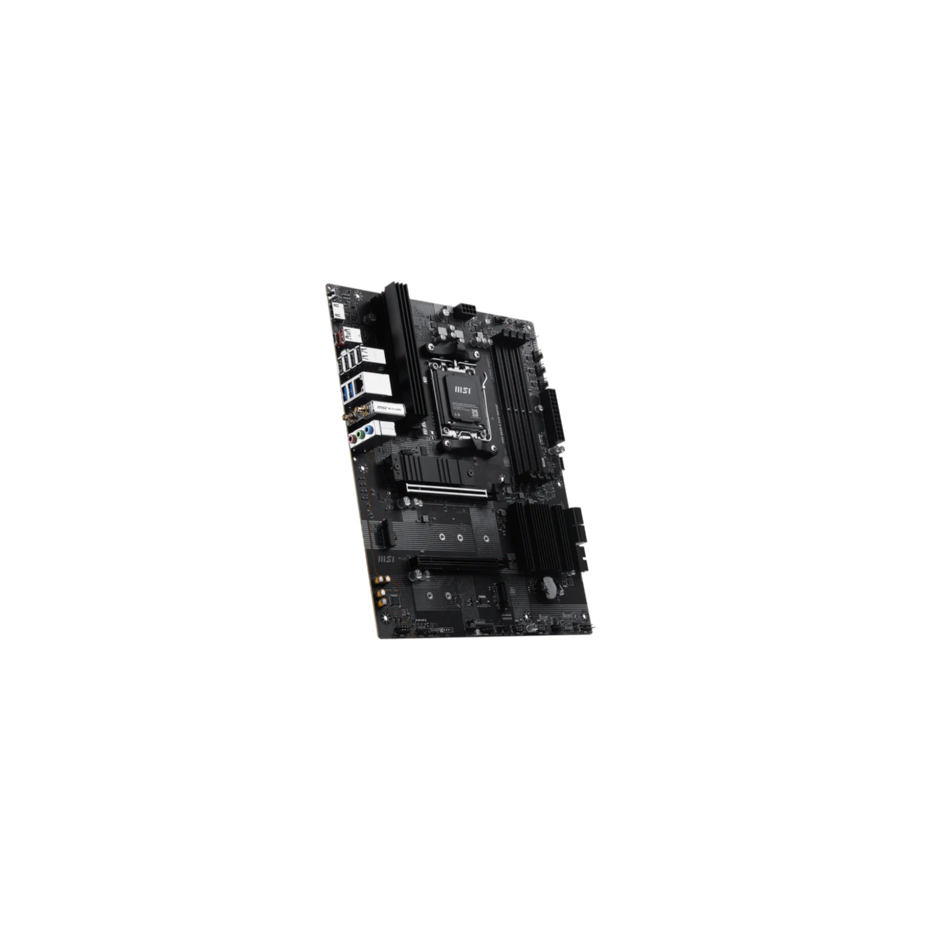 Black motherboard with silver heatsinks and ports.