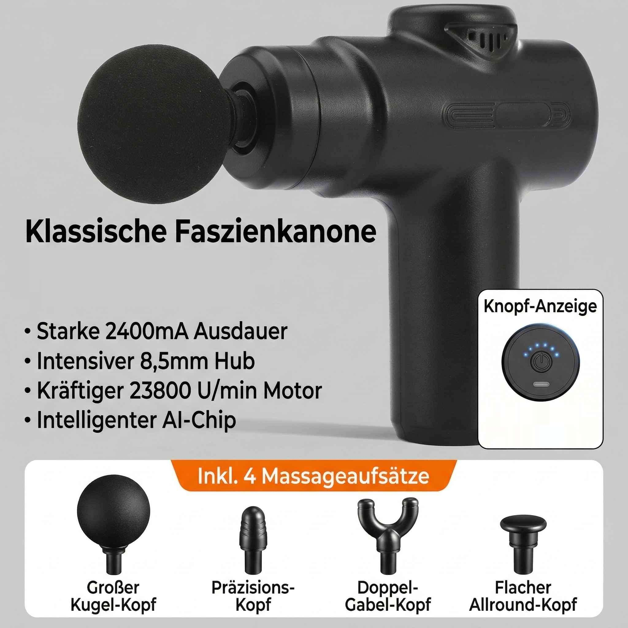Eine schwarze Massagepistole mit Zubehör: Kugel-, Präzisions-, Gabel- und Flachkopf.