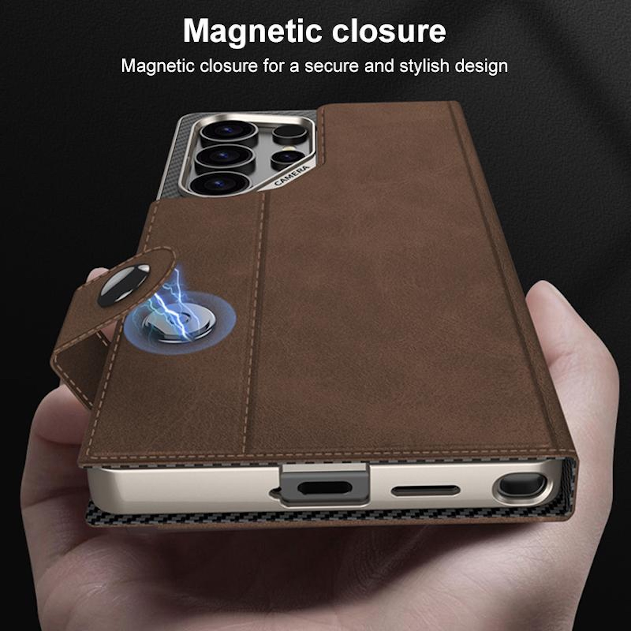 Braune Handyhülle mit magnetischem Verschluss, Kamera-Ausschnitt.