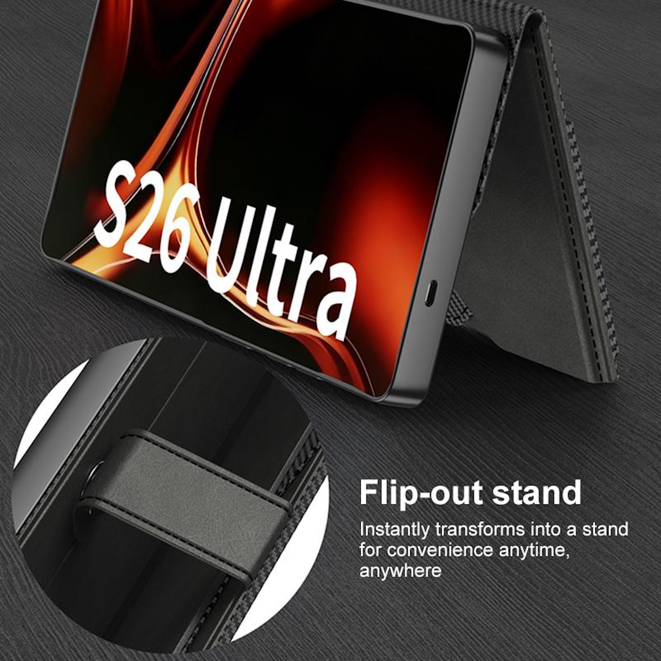 Ein Smartphone mit dem Aufdruck "S26 Ultra" in einem schwarzen Ständer.