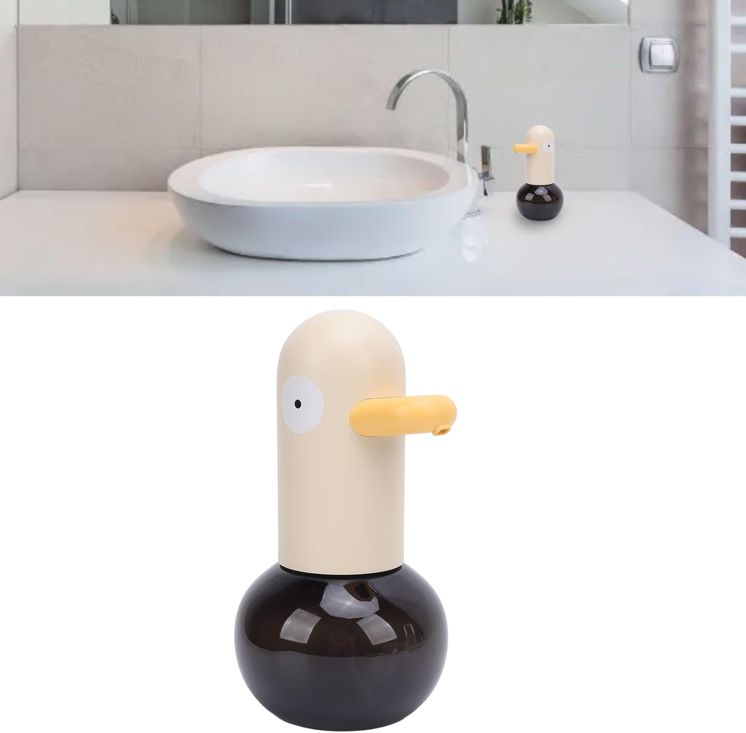 Eine beige Seifenschale in Entenform mit gelbem Schnabel und dunklem Boden.