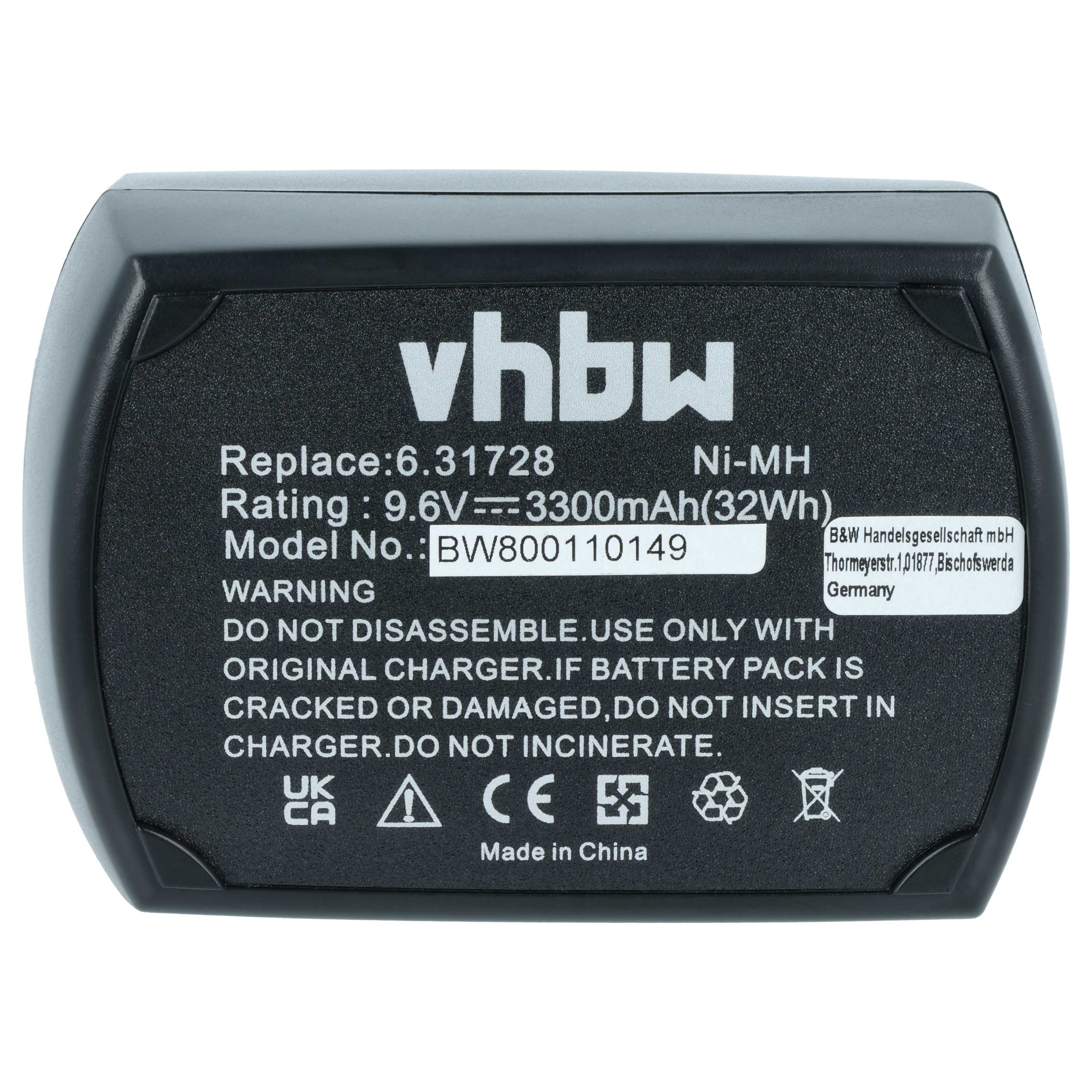 Schwarzer Akku mit weißen Beschriftungen: vhbw, Ni-MH, 9,6V, 3300mAh.