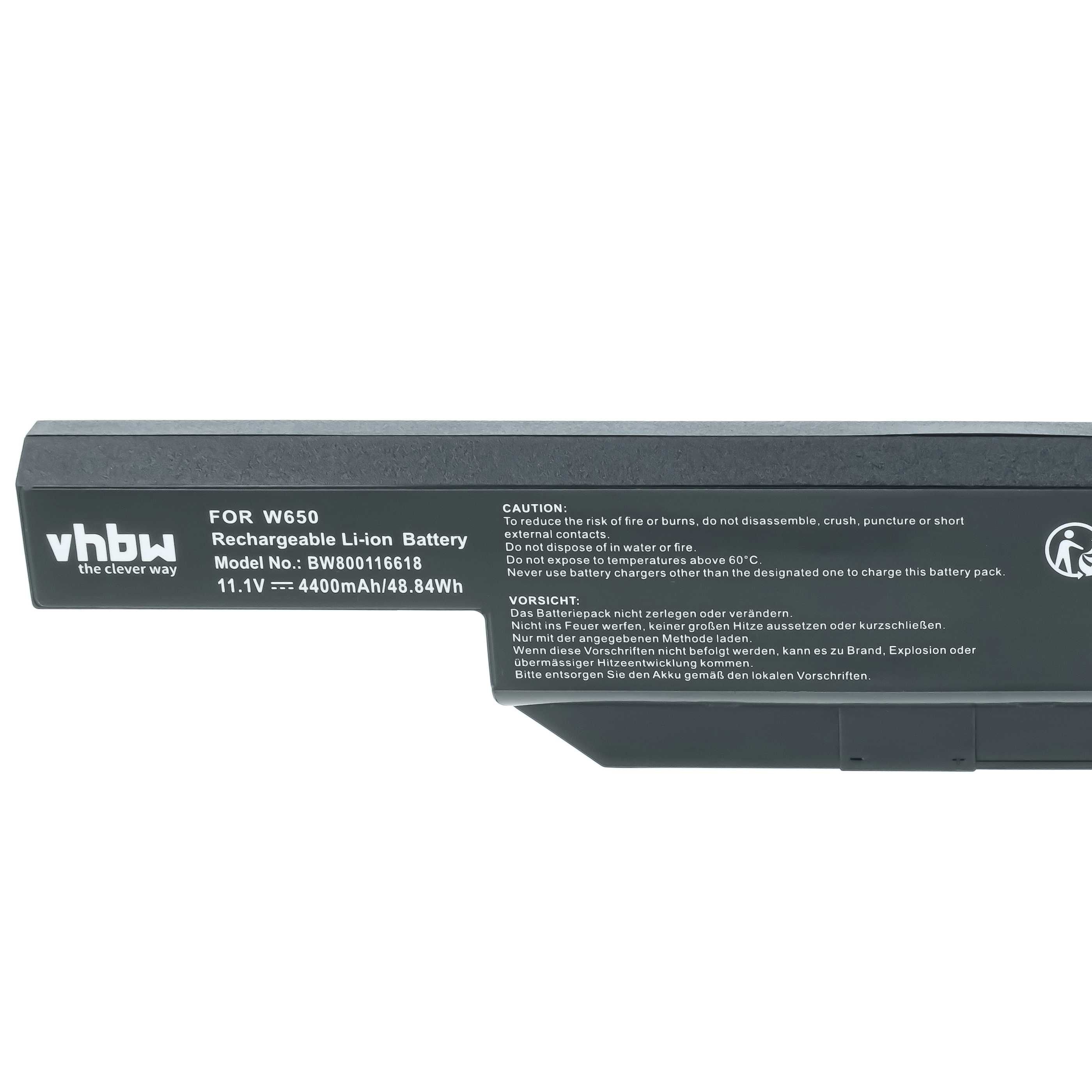 Schwarzer Li-Ionen-Akku für W650, 11.1V, 4400mAh, mit Warnhinweisen.