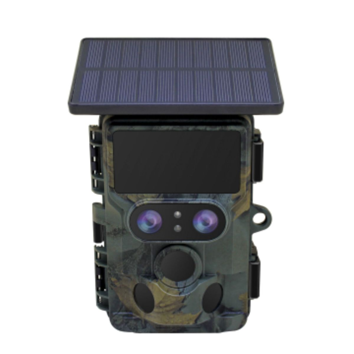 Wildkamera mit Solarmodul oben, Tarnmuster, zwei Linsen und Blitz.