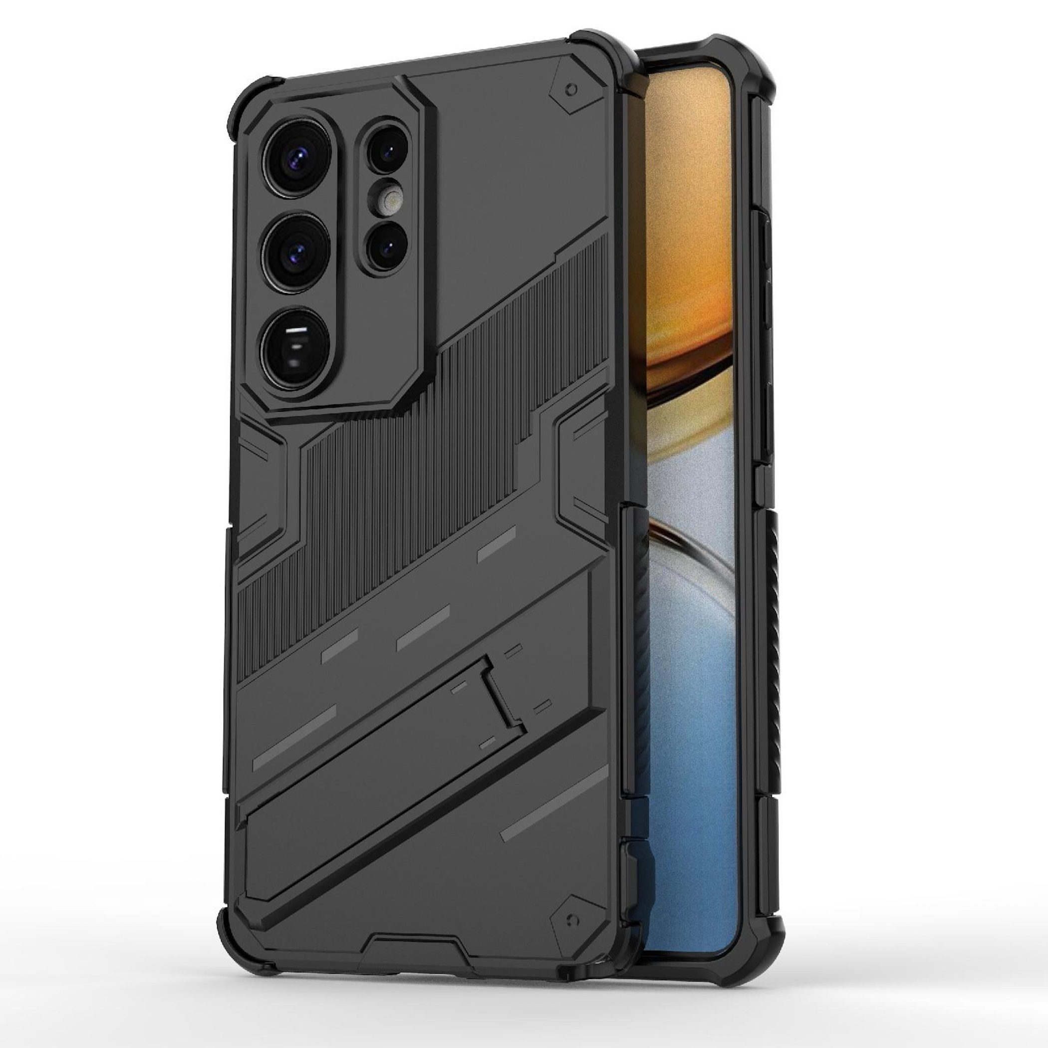 Una funda protectora negra para teléfono con soporte integrado.