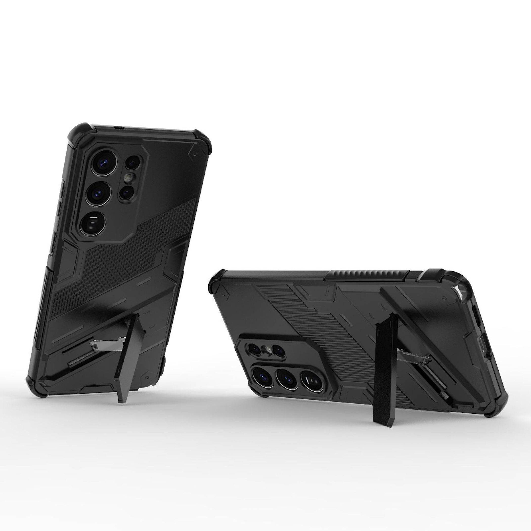 Dos fundas negras para teléfono con soportes, fondo blanco.