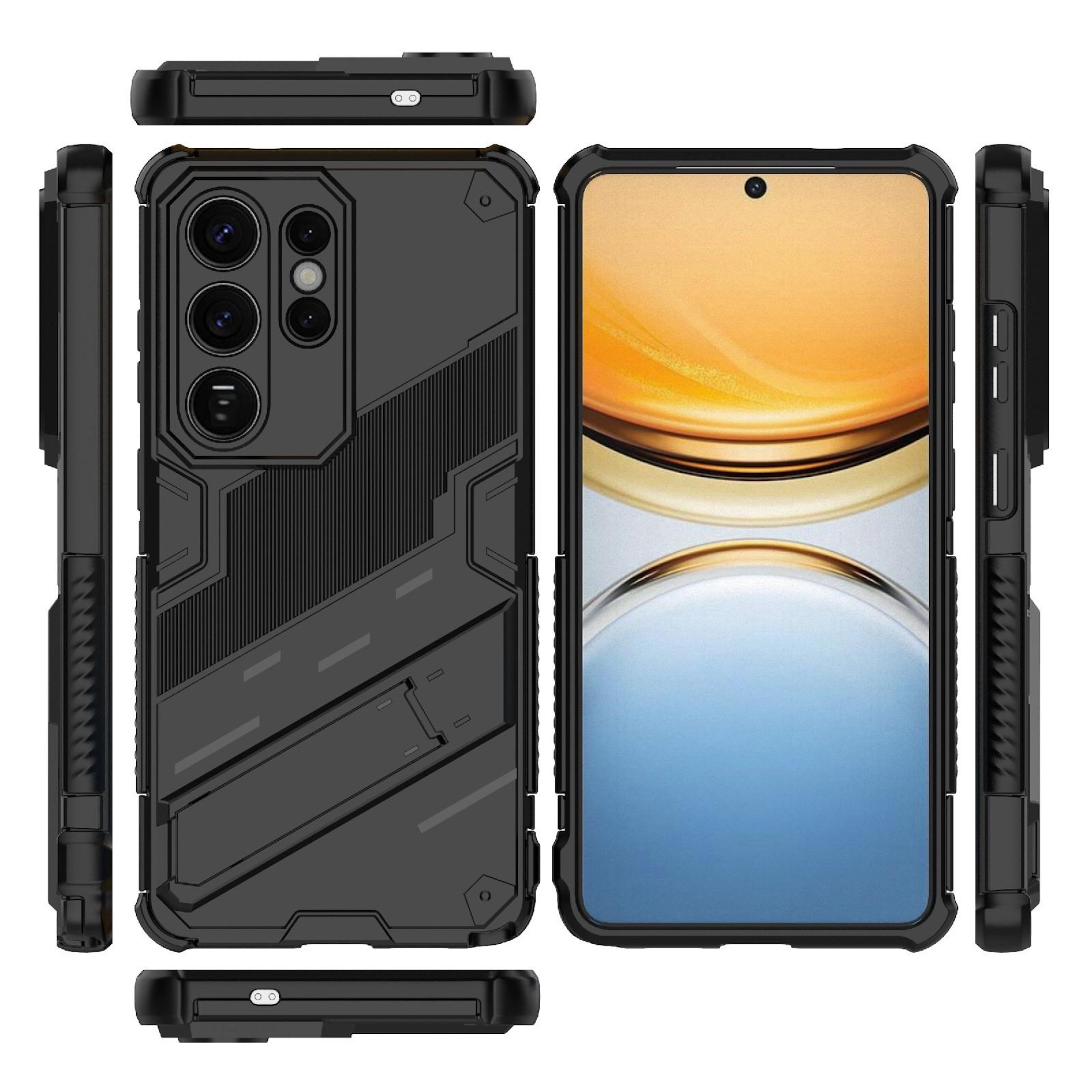 Funda negra para teléfono con recorte de cámara, vista de varios lados.