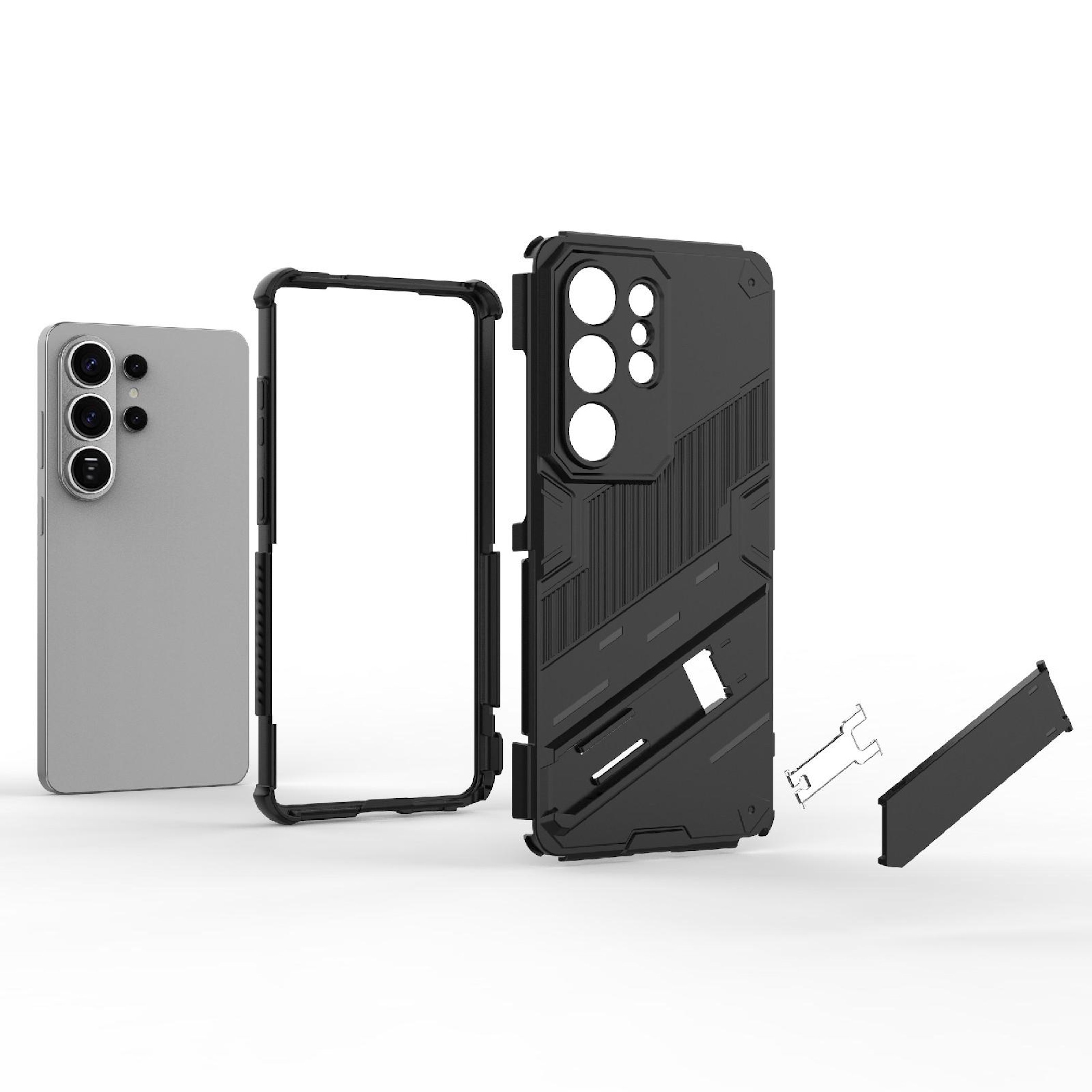 Teléfono inteligente plateado con funda protectora negra y piezas.