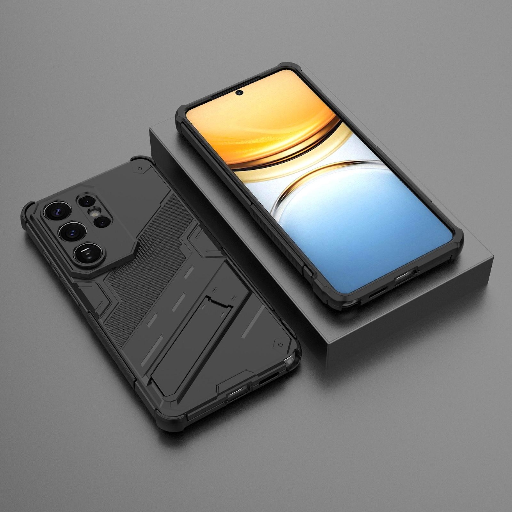 Dos fundas de teléfono negras yacen una al lado de la otra.