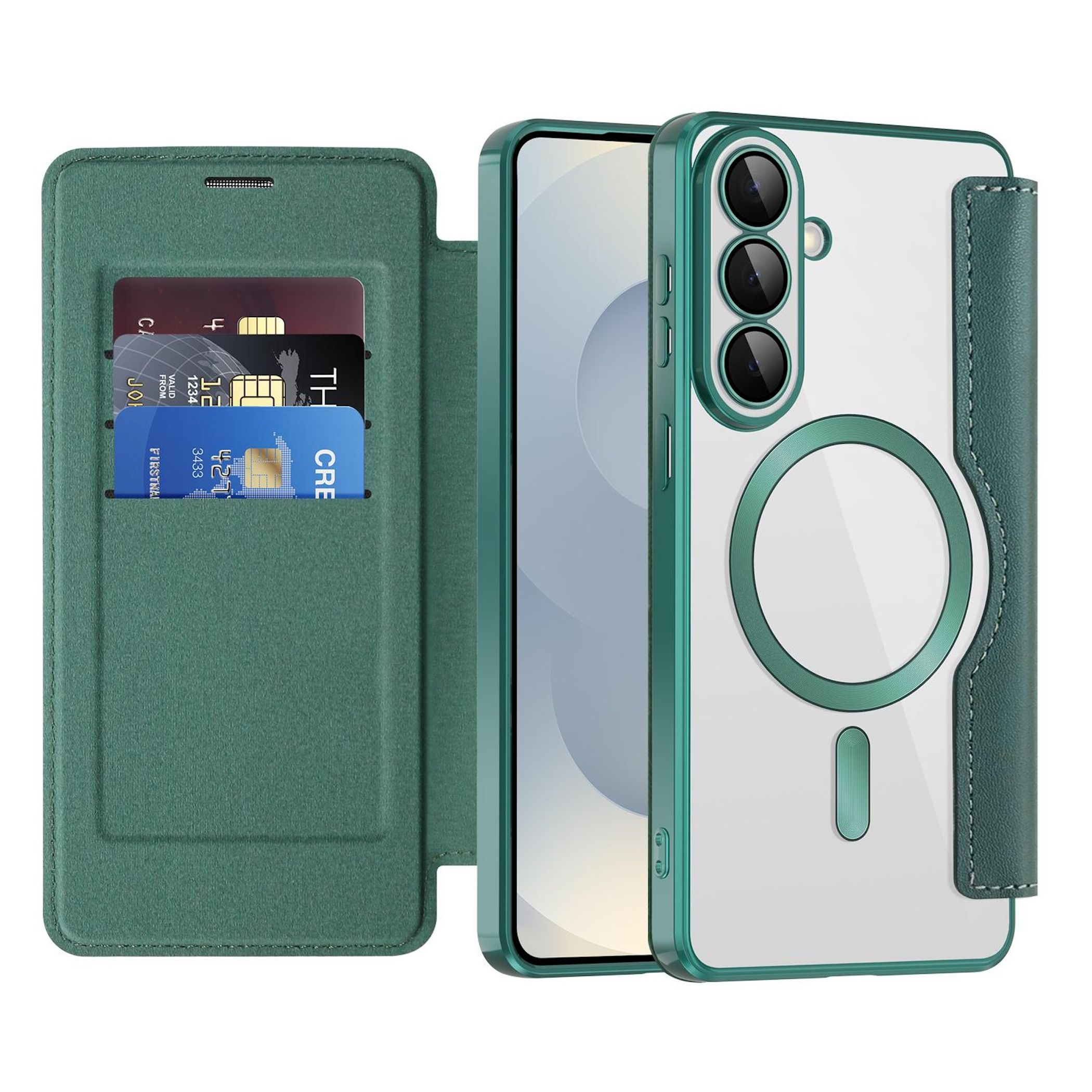 Funda verde para teléfono con ranuras para tarjetas y panel trasero transparente.