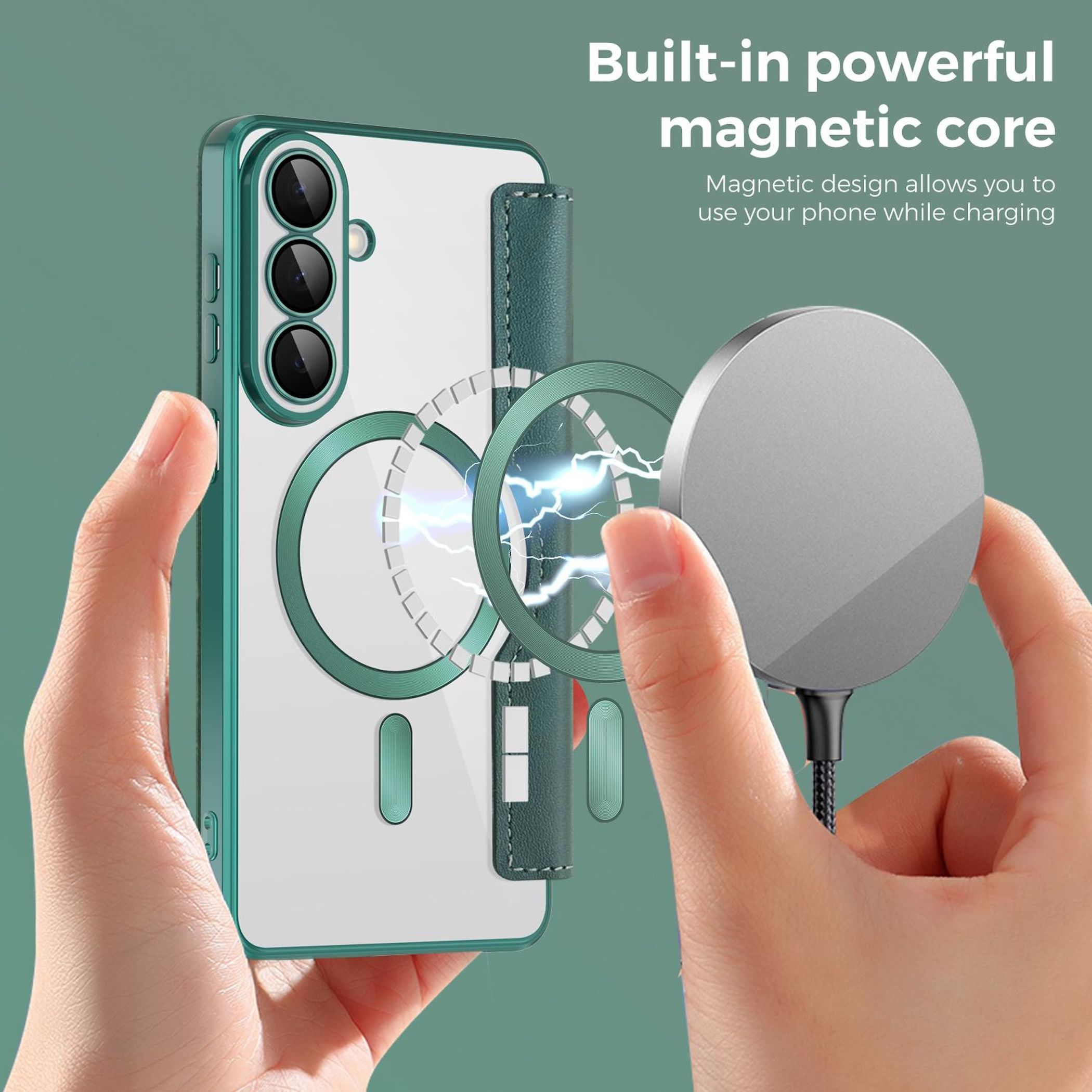 Un teléfono con funda verde se está cargando magnéticamente.