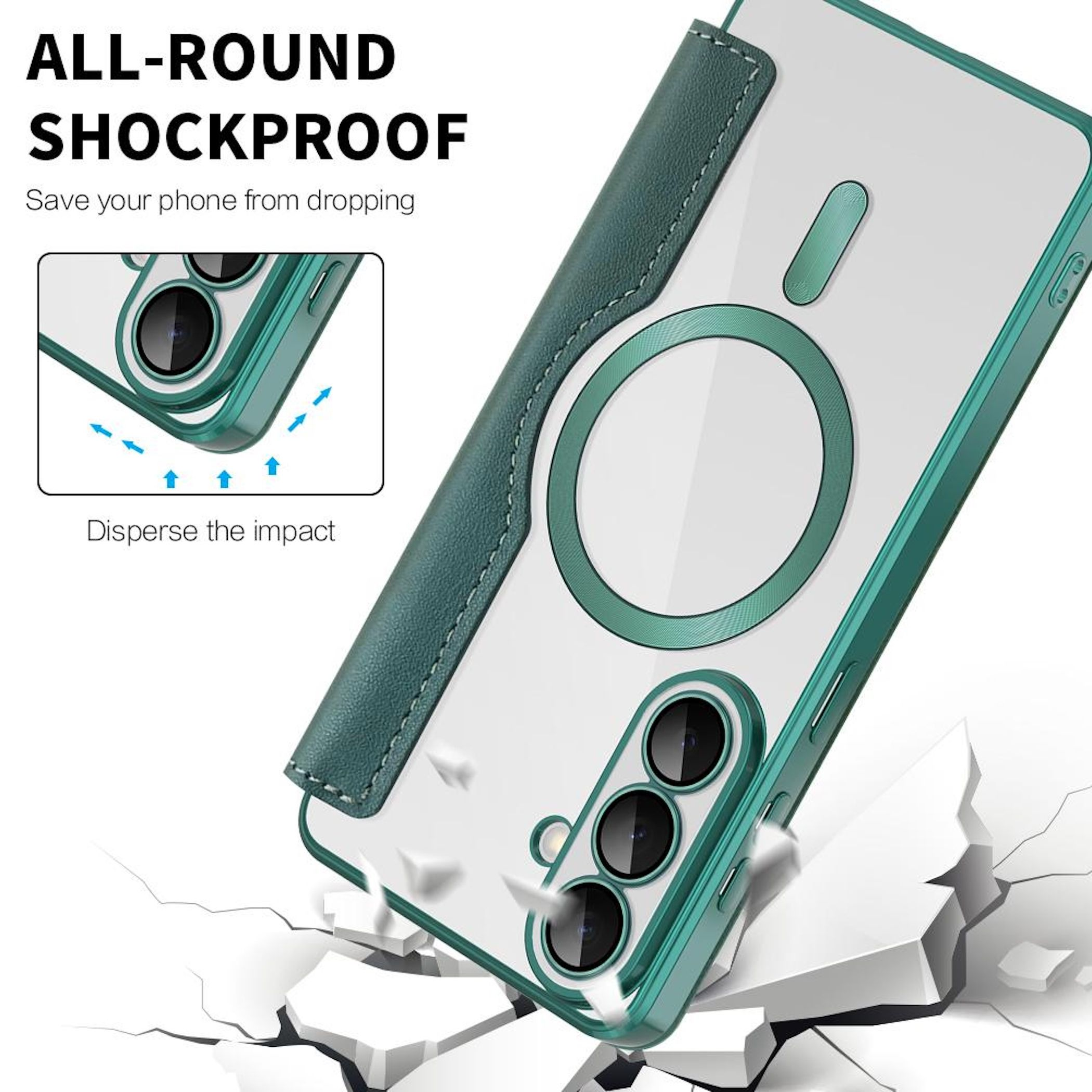 Funda verde para teléfono con MagSafe sobre suelo agrietado.