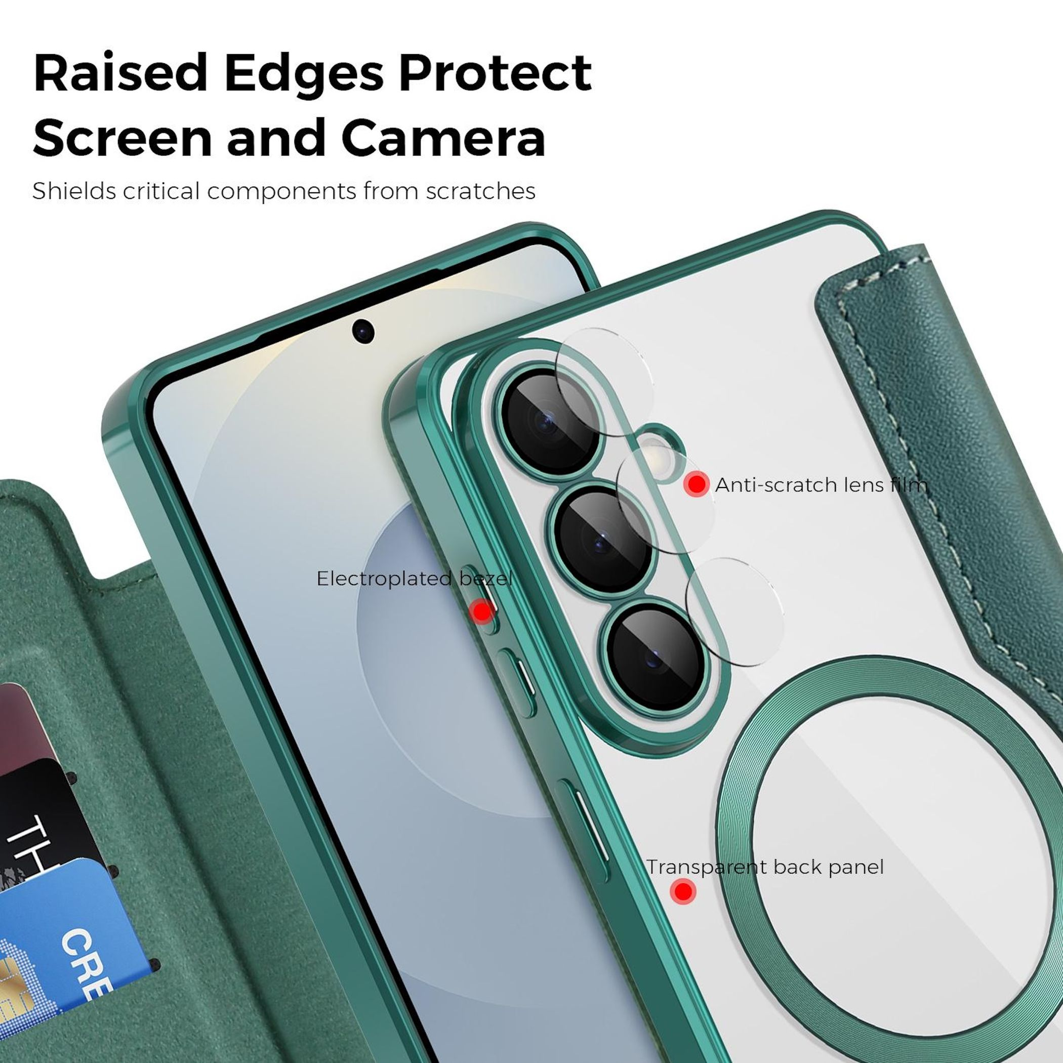 Funda verde para teléfono con parte trasera transparente, mostrando cámara y tarjetas.