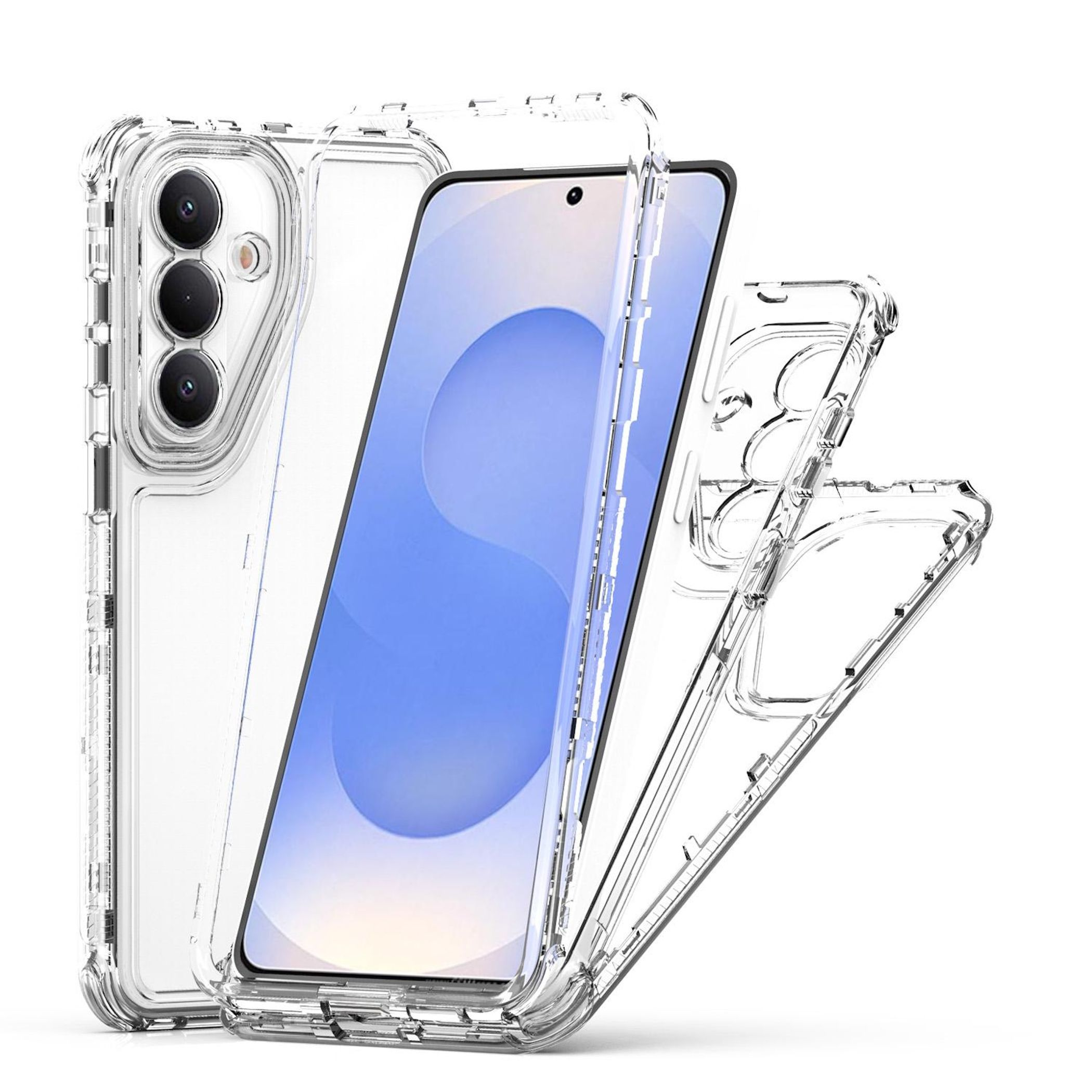 Transparente Schutzhülle für ein Smartphone mit drei Kameras.