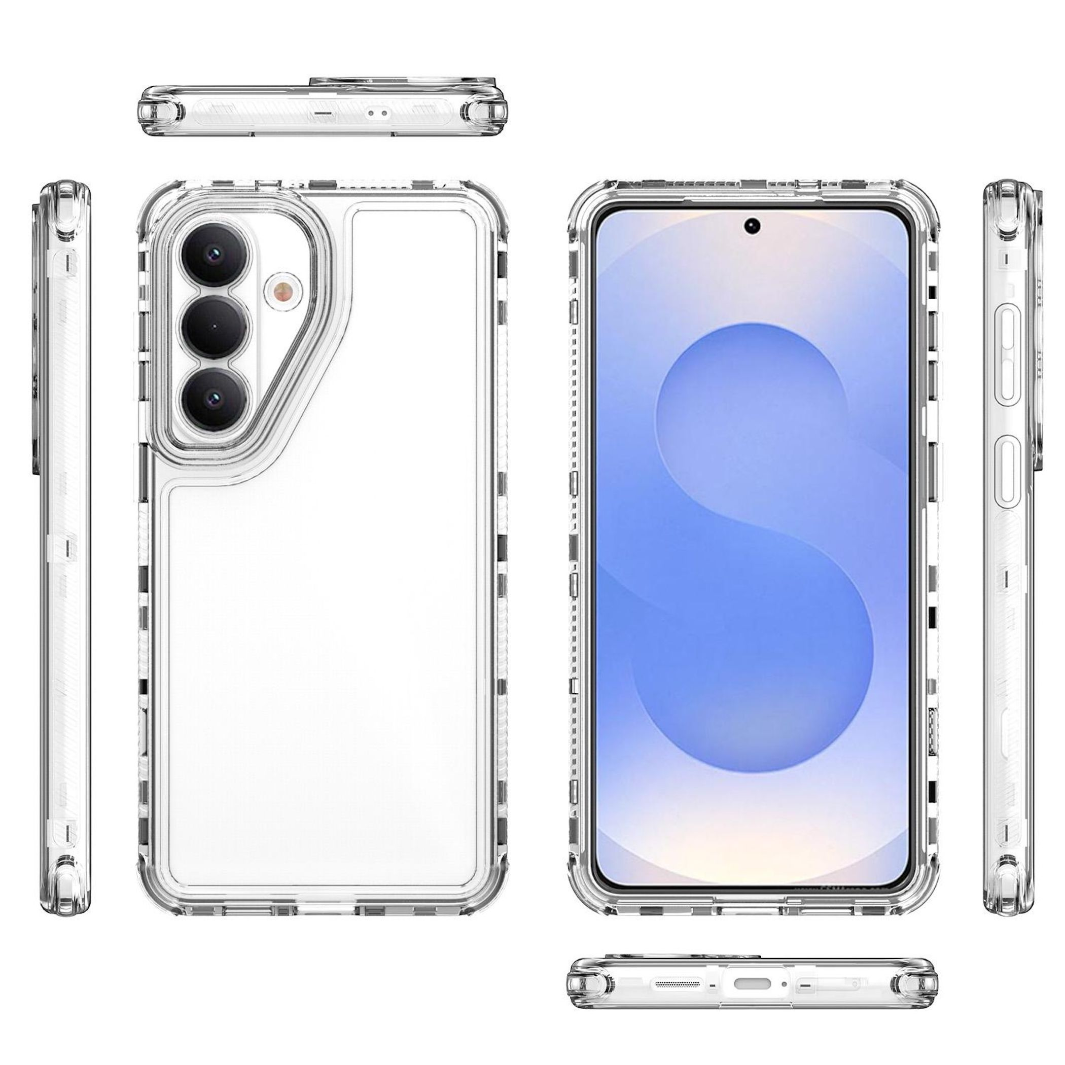 Transparente Hülle für ein Smartphone mit drei Kameras, Seitenansichten und Ladeanschluss.