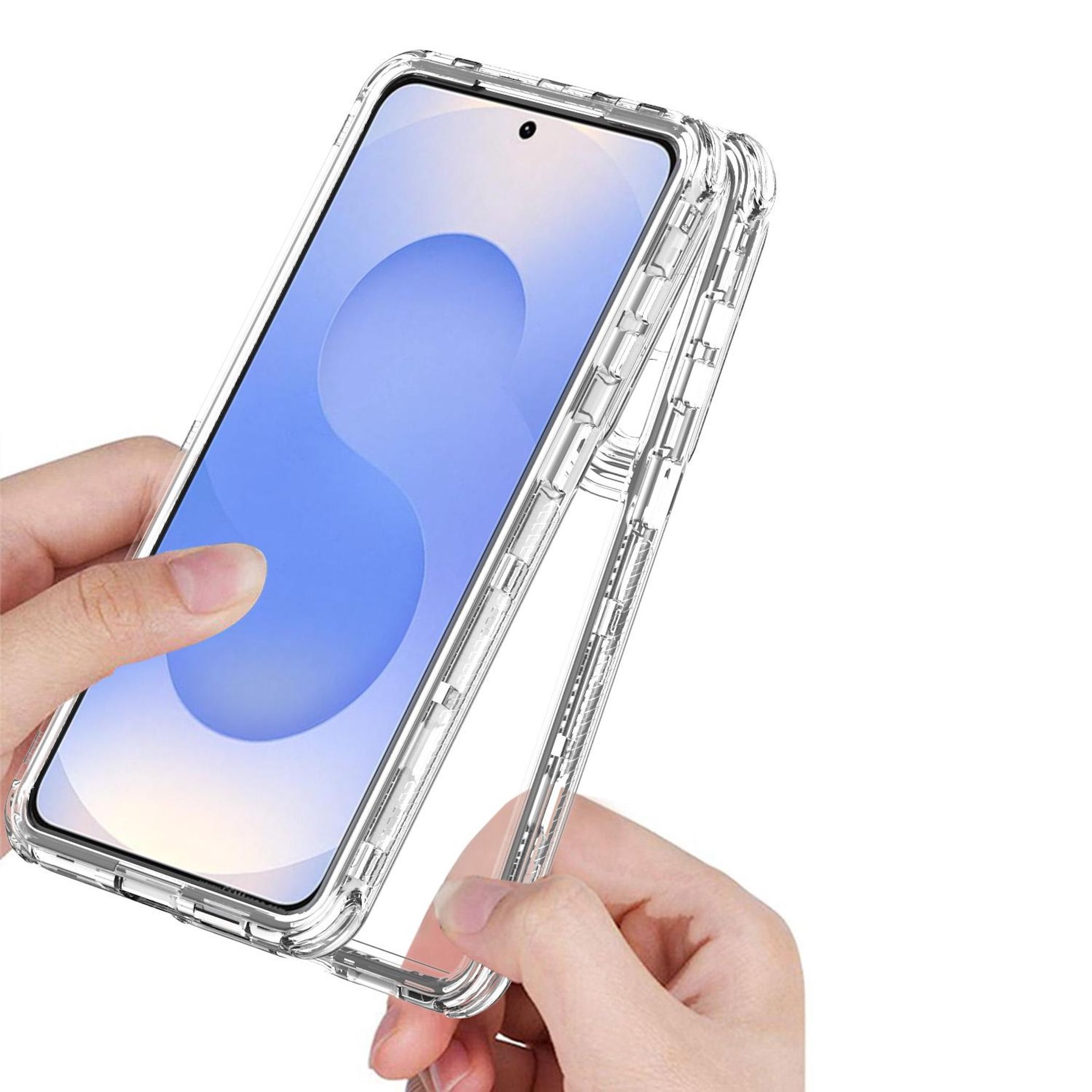 Hände halten ein durchsichtiges Handyhülle mit einem Smartphone.