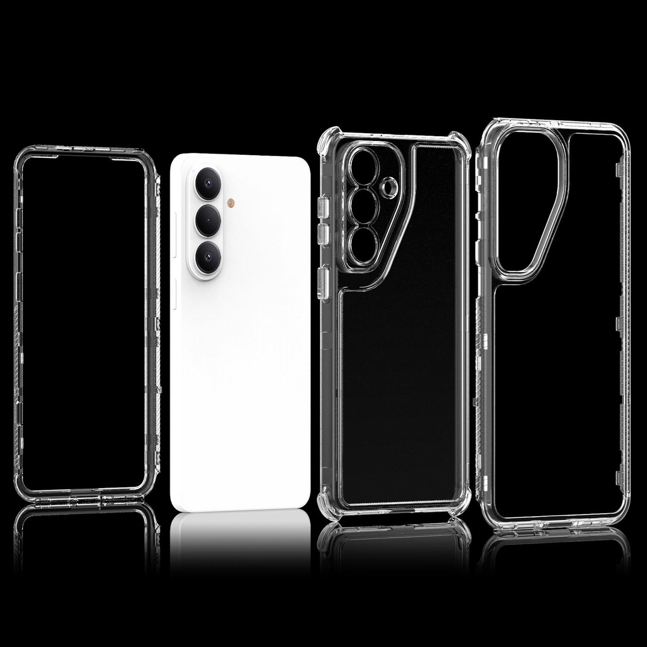 Ein weißes Smartphone mit vier durchsichtigen Handyhüllen vor schwarzem Hintergrund.