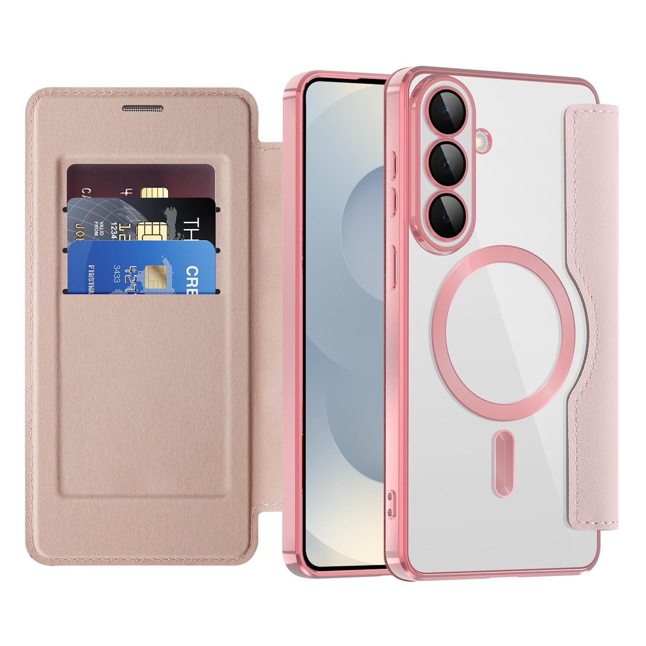 Ein rosa Handyhülle mit Kartenfächern und einem Telefon.