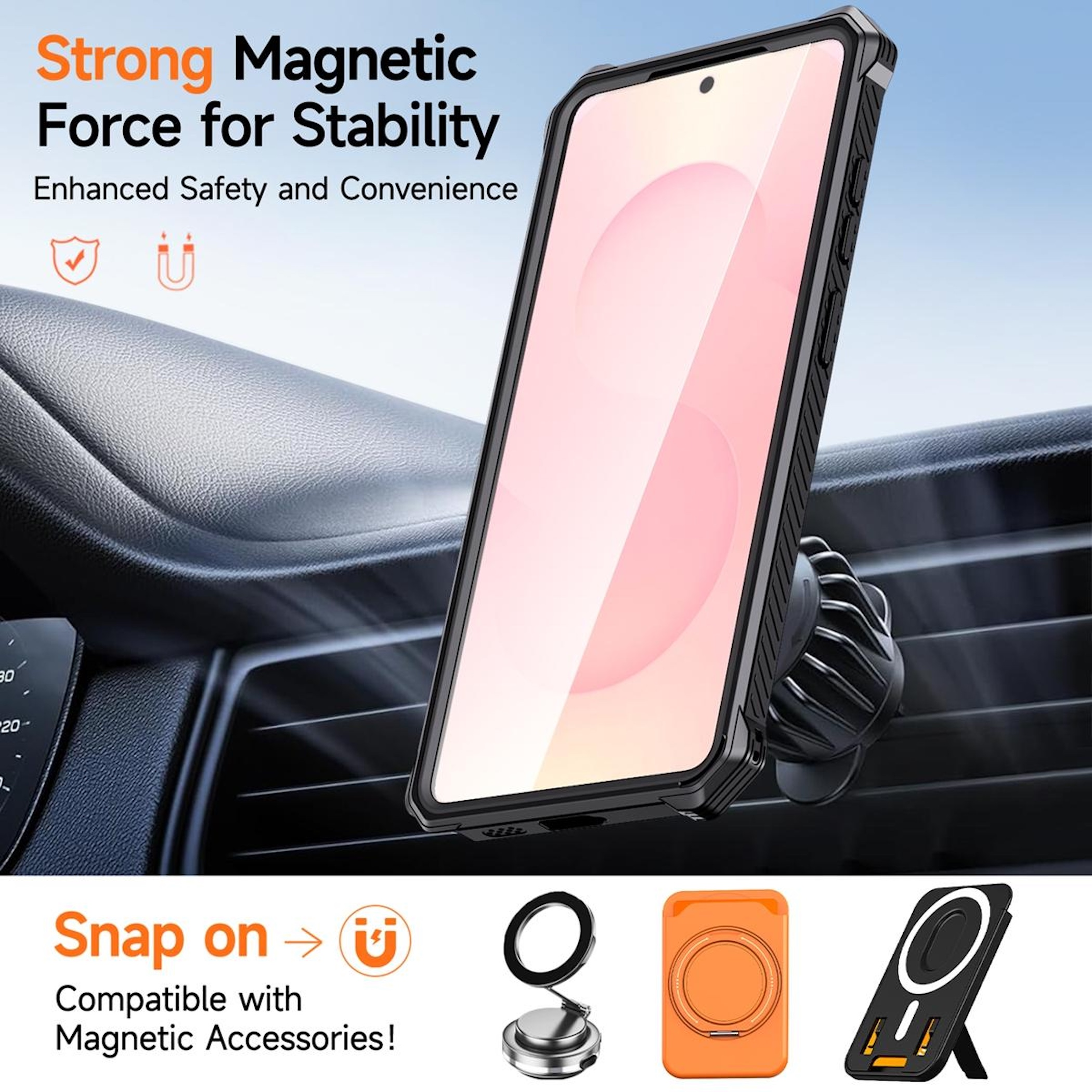 Un smartphone se acopla magnéticamente a un soporte de ventilación de coche.