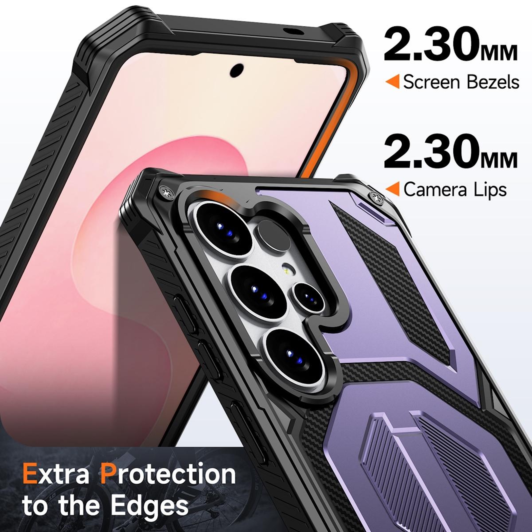 Funda de teléfono negra con parte trasera morada, 2,30 mm biseles.