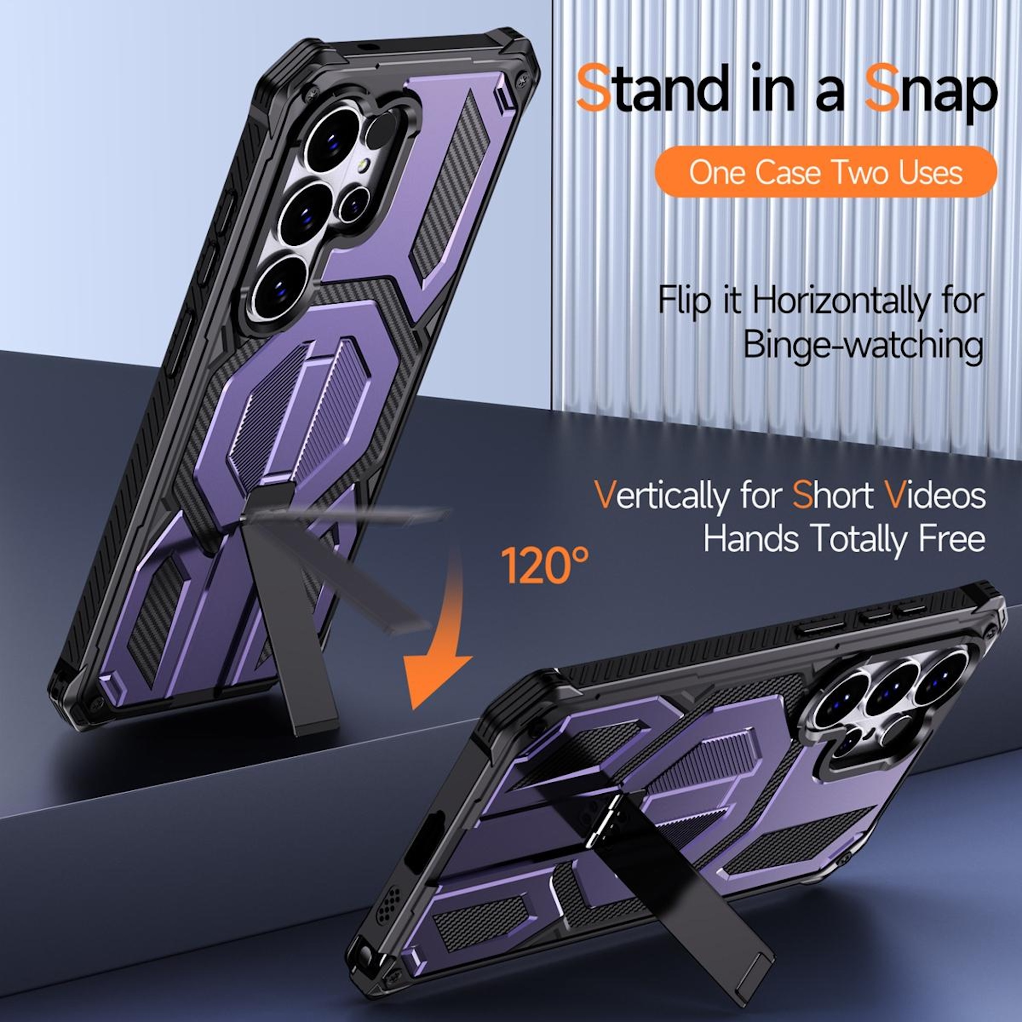 Funda morada para teléfono con soporte, usable horizontal y verticalmente.