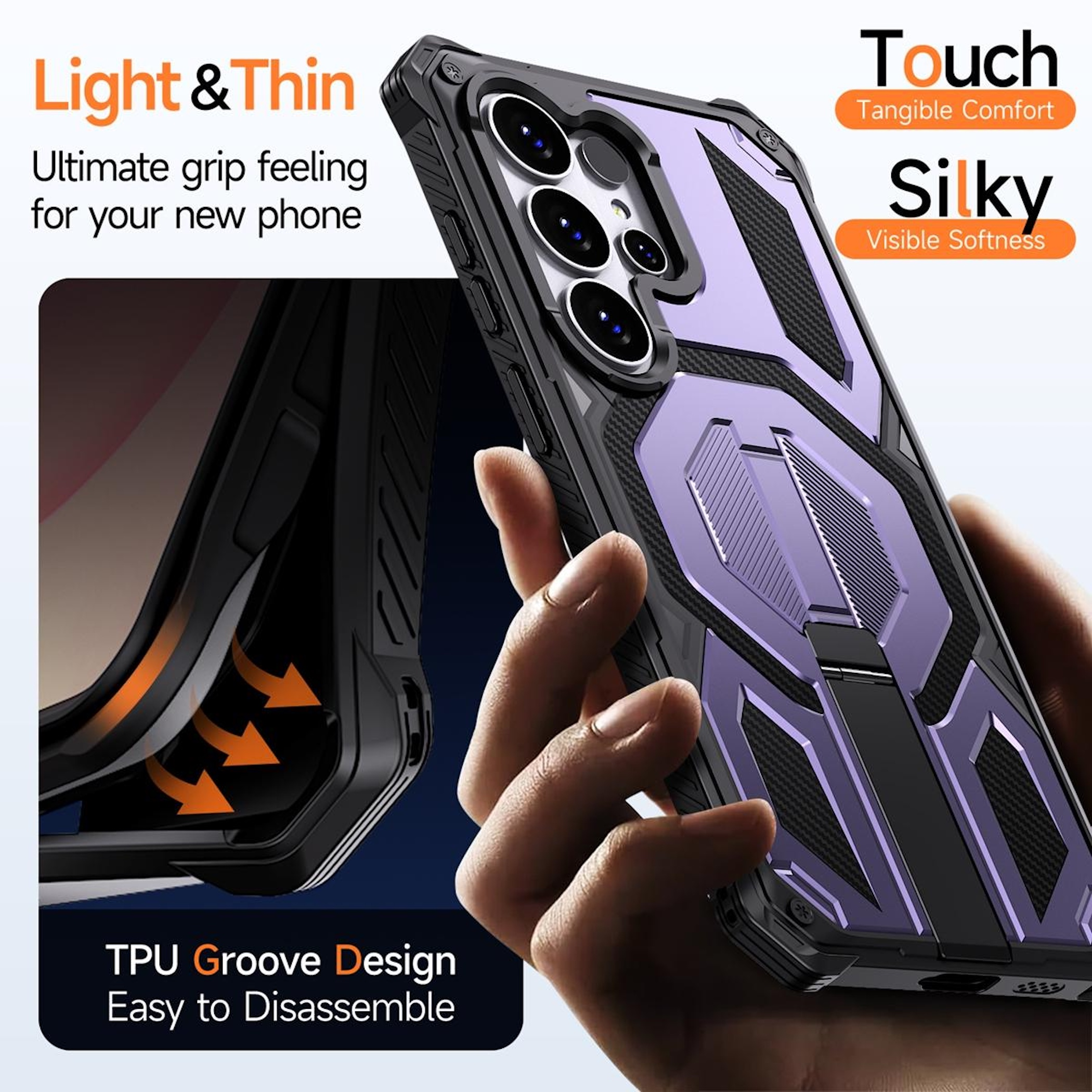 Funda negra para teléfono con detalles morados, ligera y delgada, con soporte.