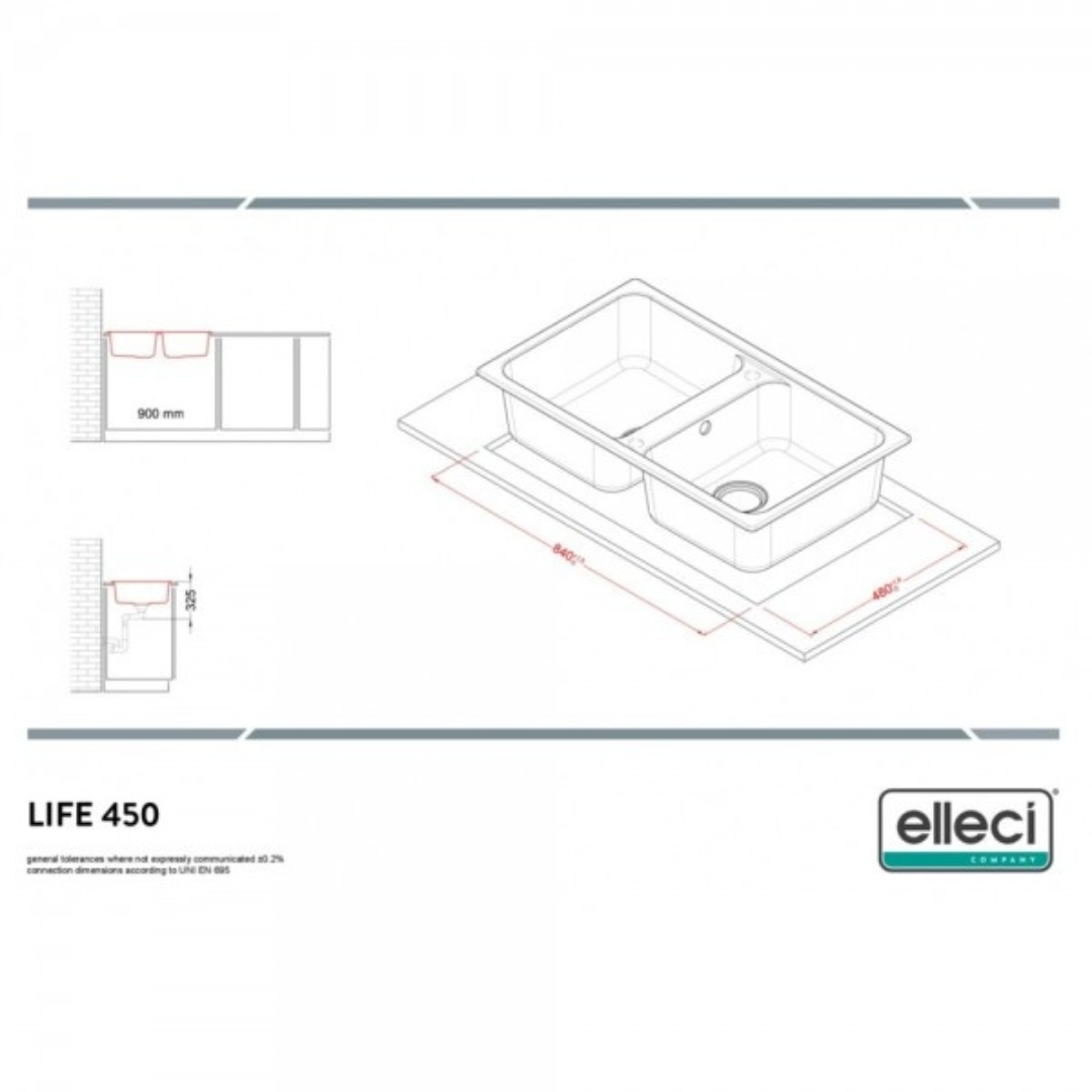 Doppio lavello dimensioni 840x480mm, misura installazione 900mm.