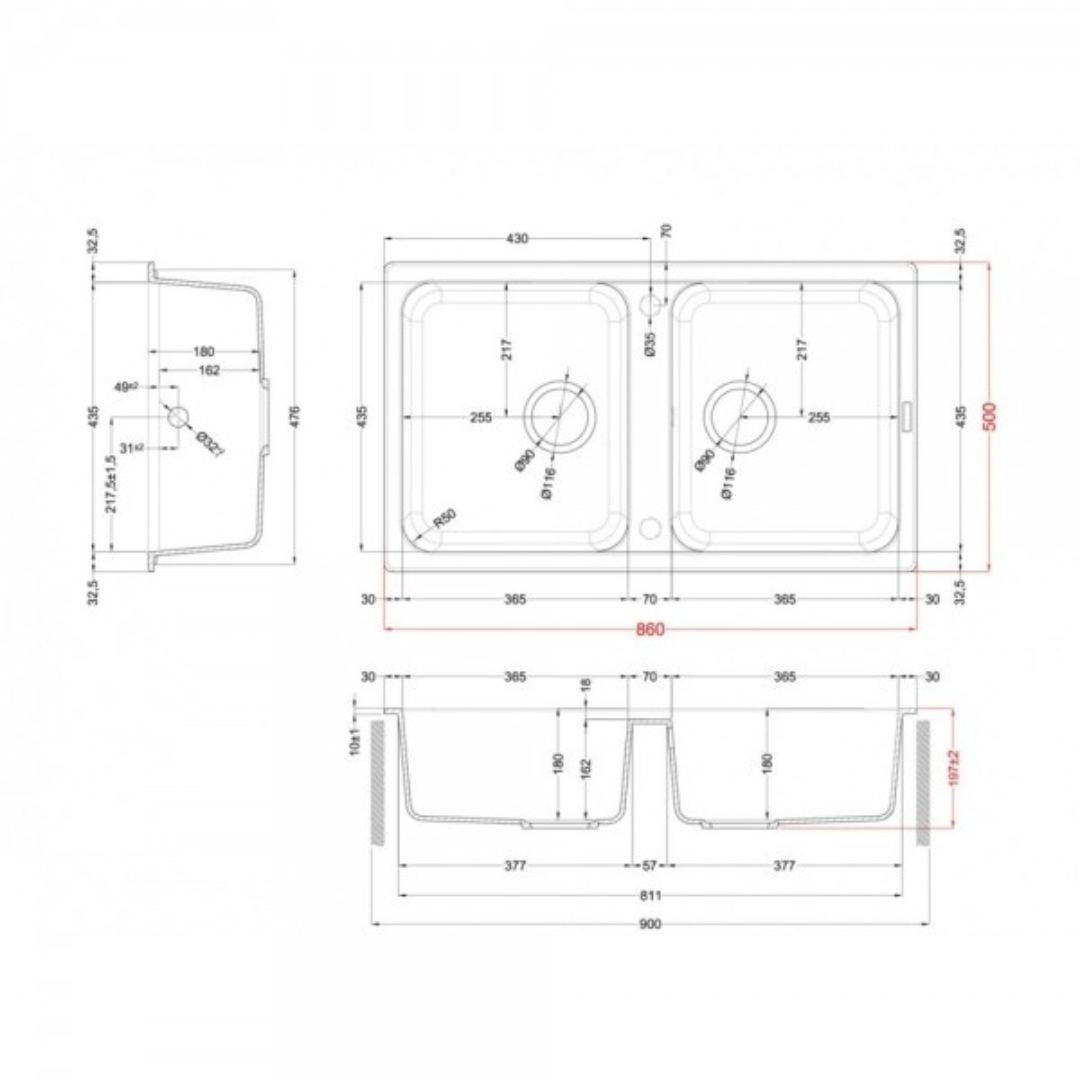 Disegno tecnico di un doppio lavello con dimensioni e dettagli.