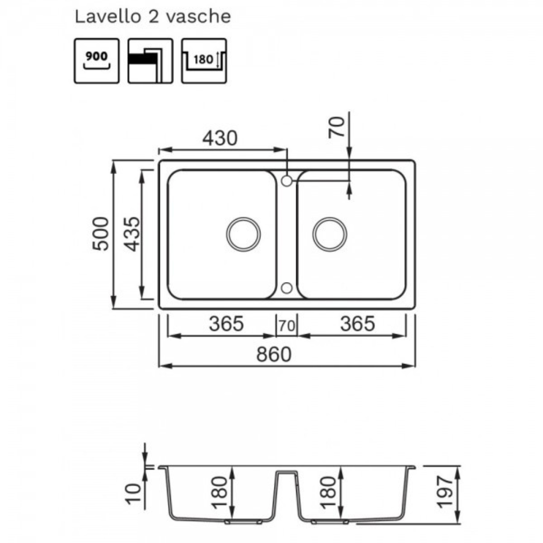 Disegno tecnico di un lavello doppio con dimensioni in mm.