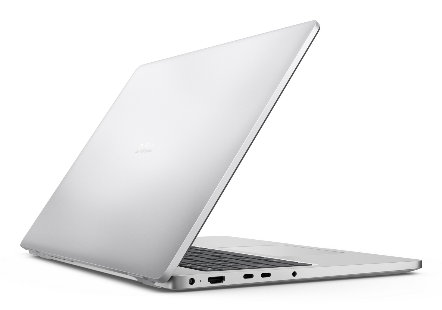 Un portátil Dell plateado con la tapa abierta, mostrando el teclado y los puertos.