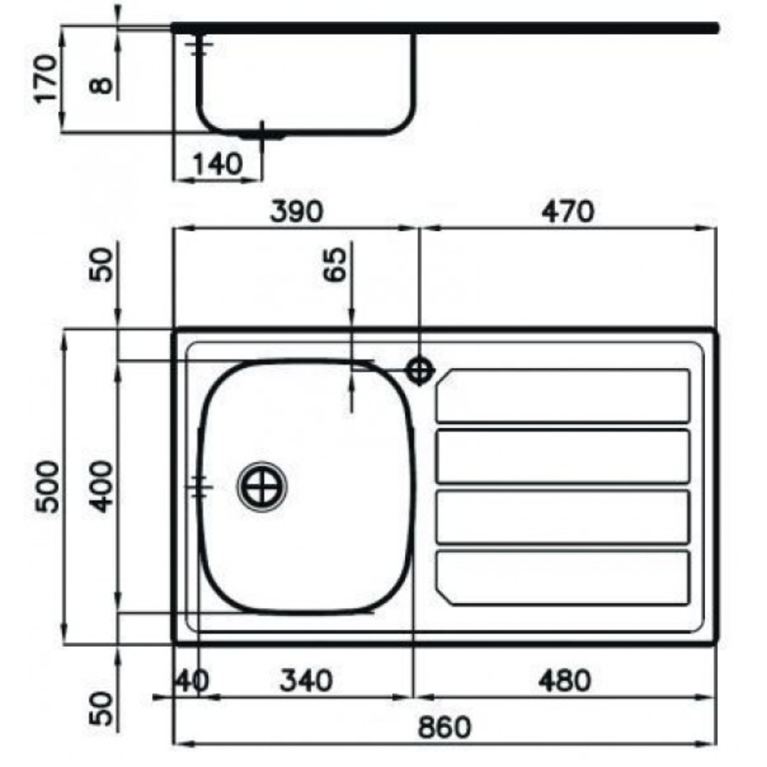 Disegno tecnico di un lavello con dimensioni e dettagli.