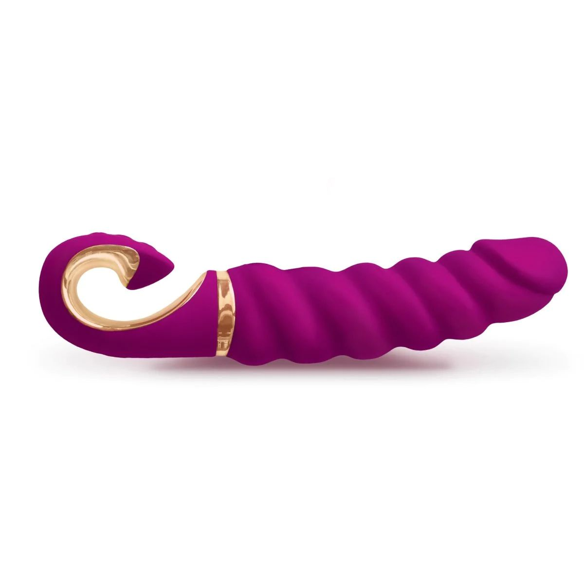 Lila Vibrator mit gedrehtem Design und goldenen Akzenten auf weißem Hintergrund.