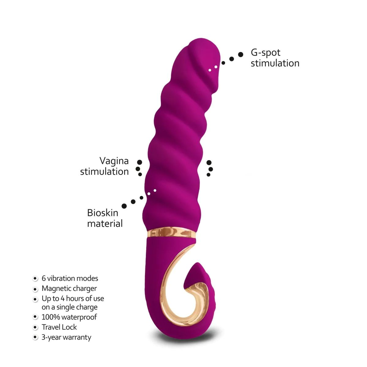 Lila Vibrator mit Spiraltextur, G-Punkt- und Vaginalstimulation, mit Liste.