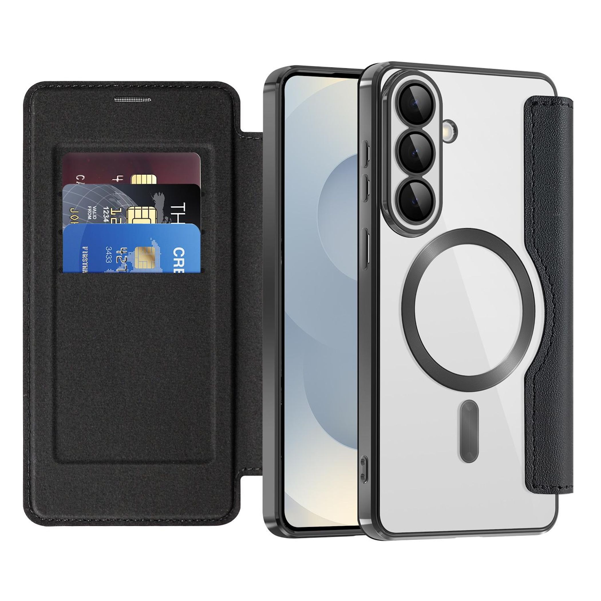 Un estuche tipo billetera negro con tres tarjetas junto a un smartphone en funda transparente.