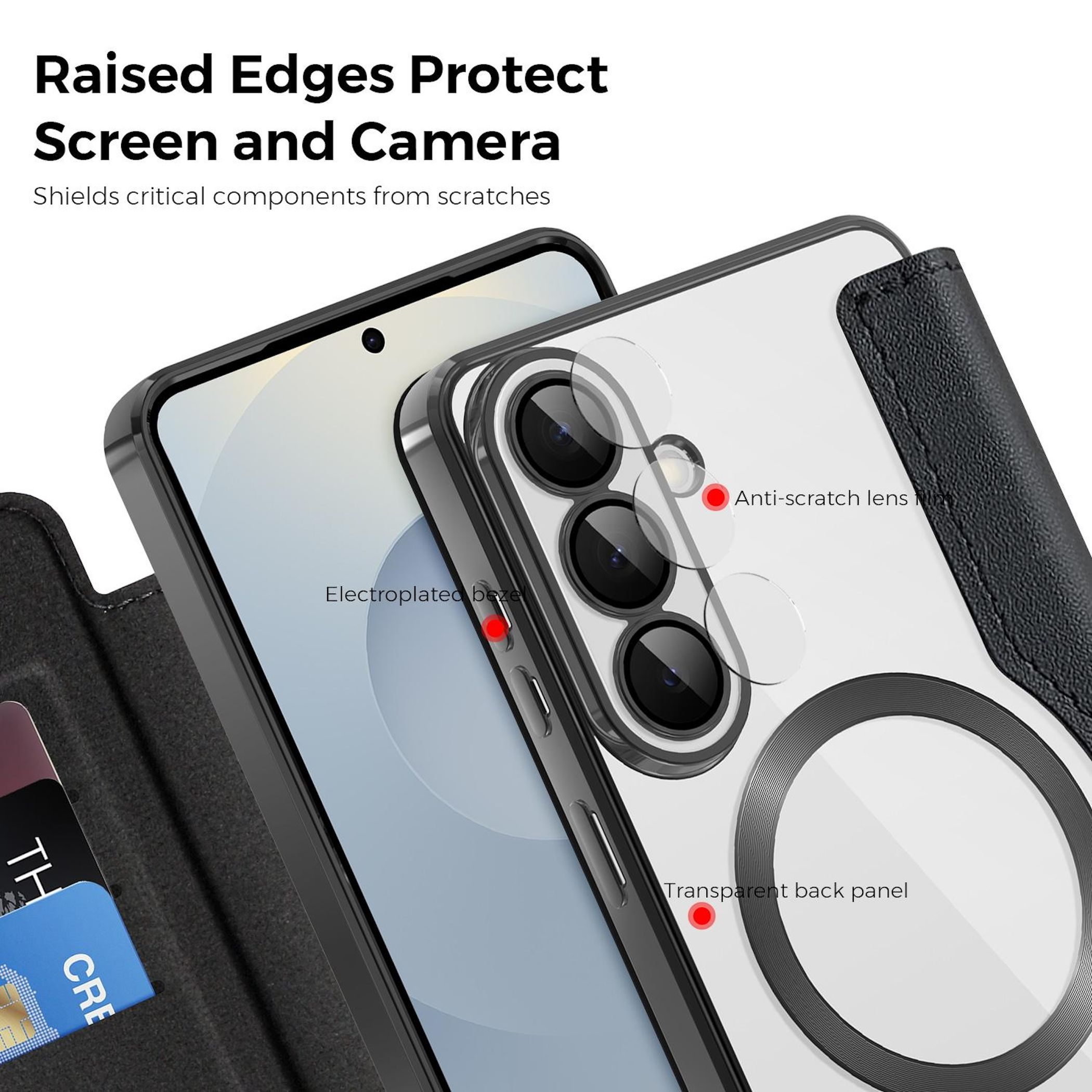 Funda transparente para teléfono con bordes negros y lentes de cámara.