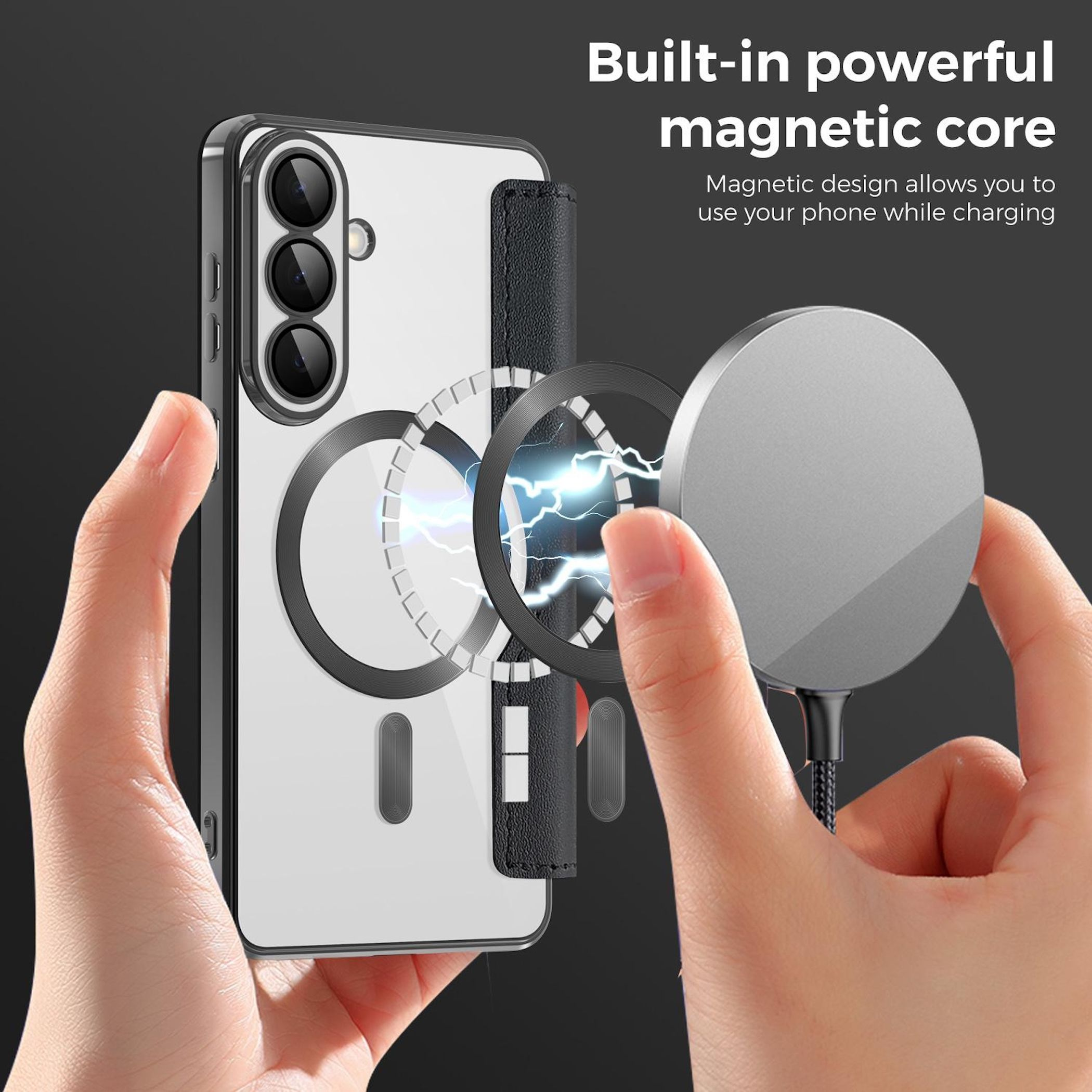 Manos sosteniendo un teléfono con una funda de carga magnética y cargador.