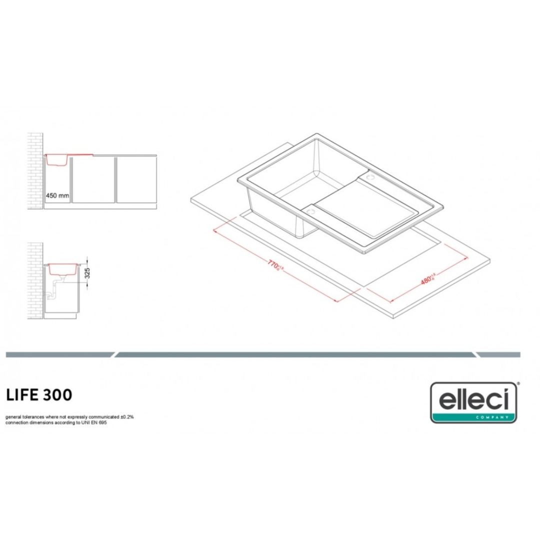 Disegno tecnico di un lavello con dimensioni 770x480 mm, altezza 450 mm.