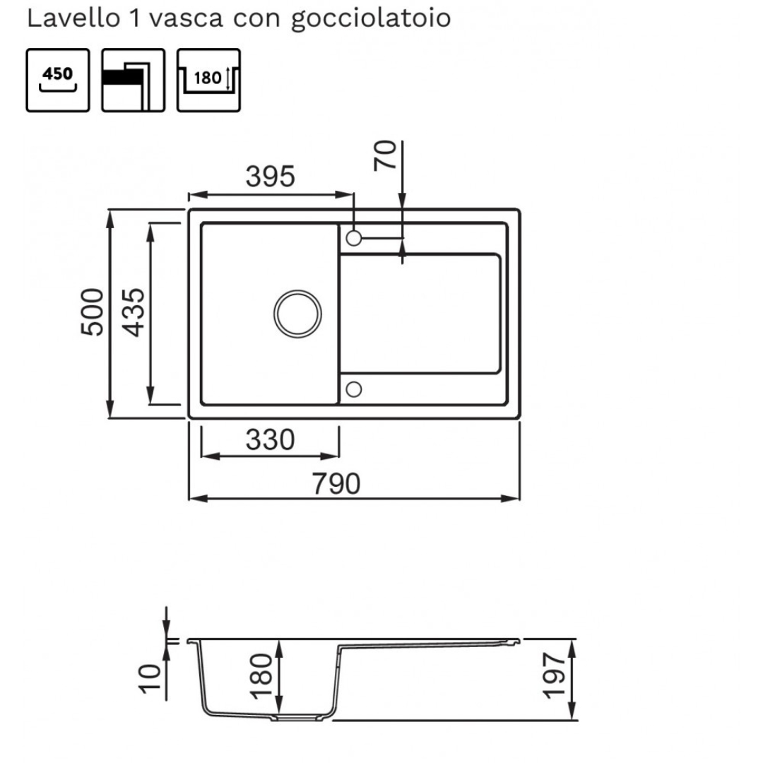 Disegno tecnico di un lavello a una vasca con gocciolatoio. Misure fornite.