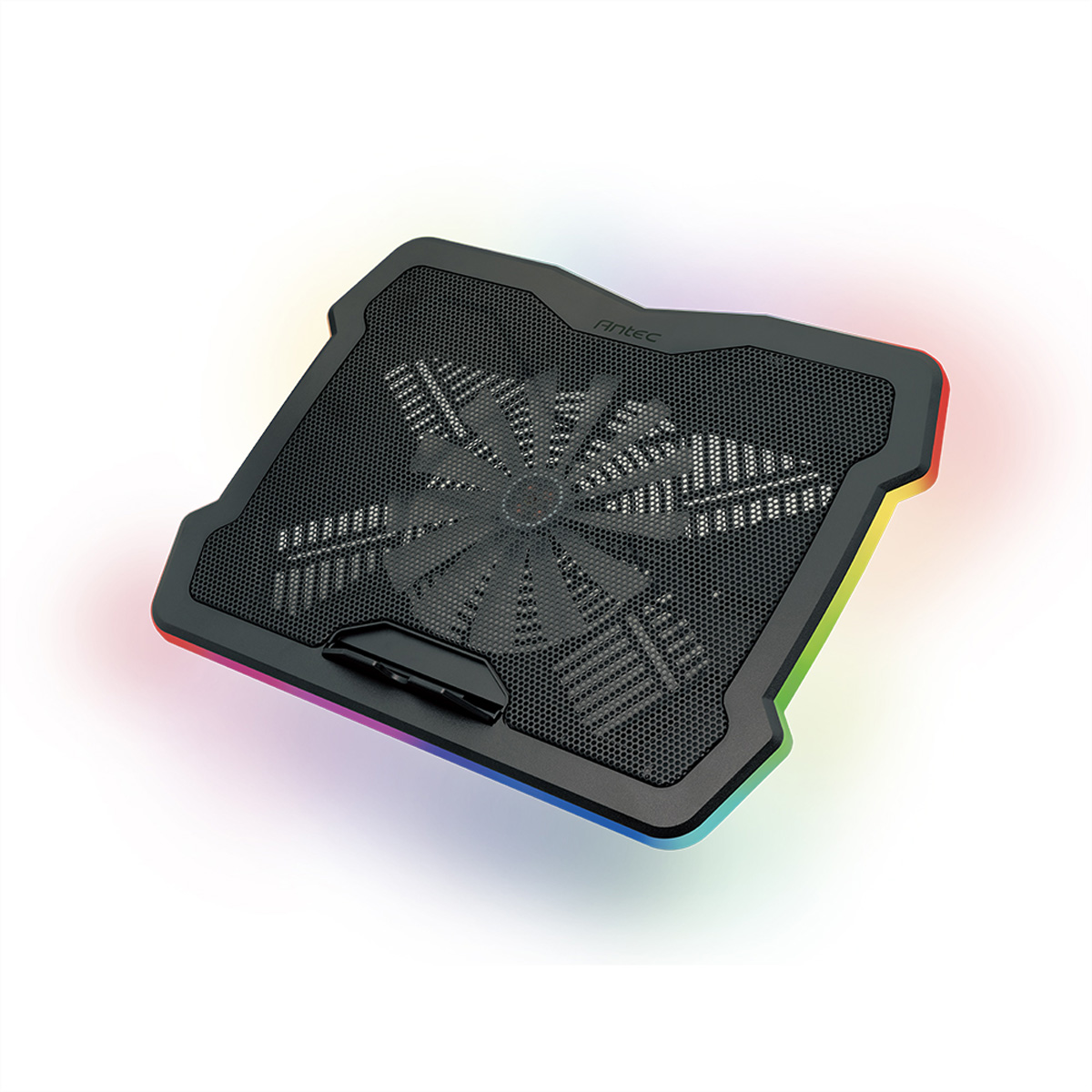 Schwarzer Laptop-Kühler mit RGB-Beleuchtung und Lüfter.
