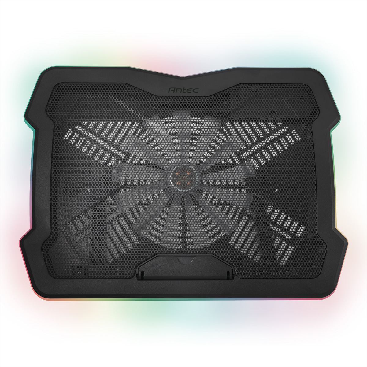 Schwarzer Laptop-Kühler mit RGB-Beleuchtung und Lüftergitter.