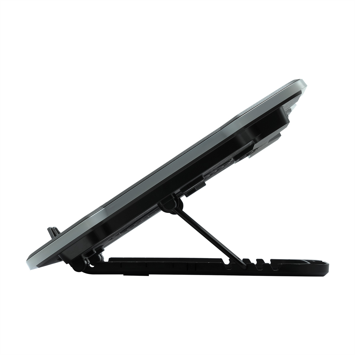 Schwarzer Laptop-Ständer mit verstellbarem Winkel auf weißem Hintergrund.