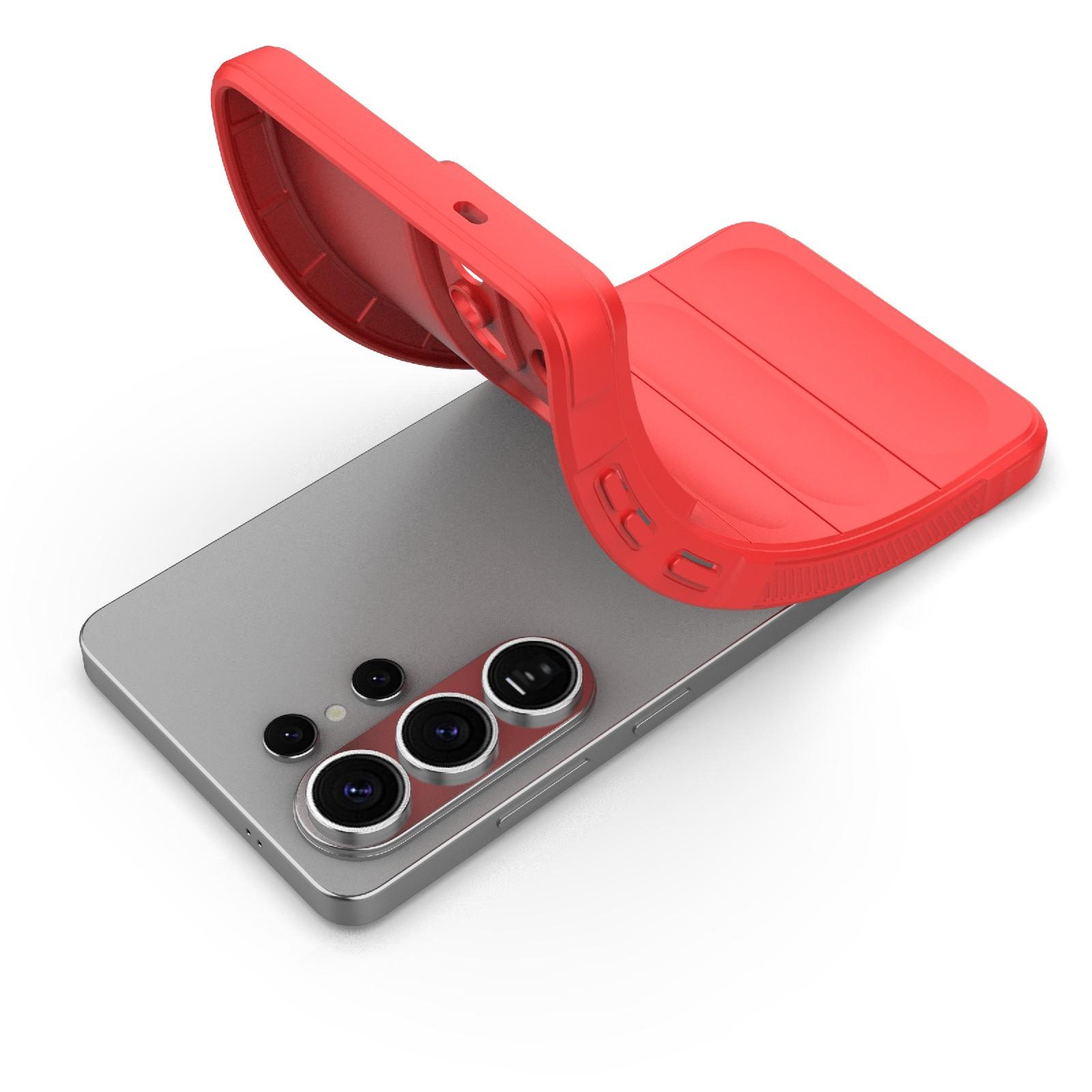 Ein rotes Handycover wird über ein silbernes Smartphone gelegt.